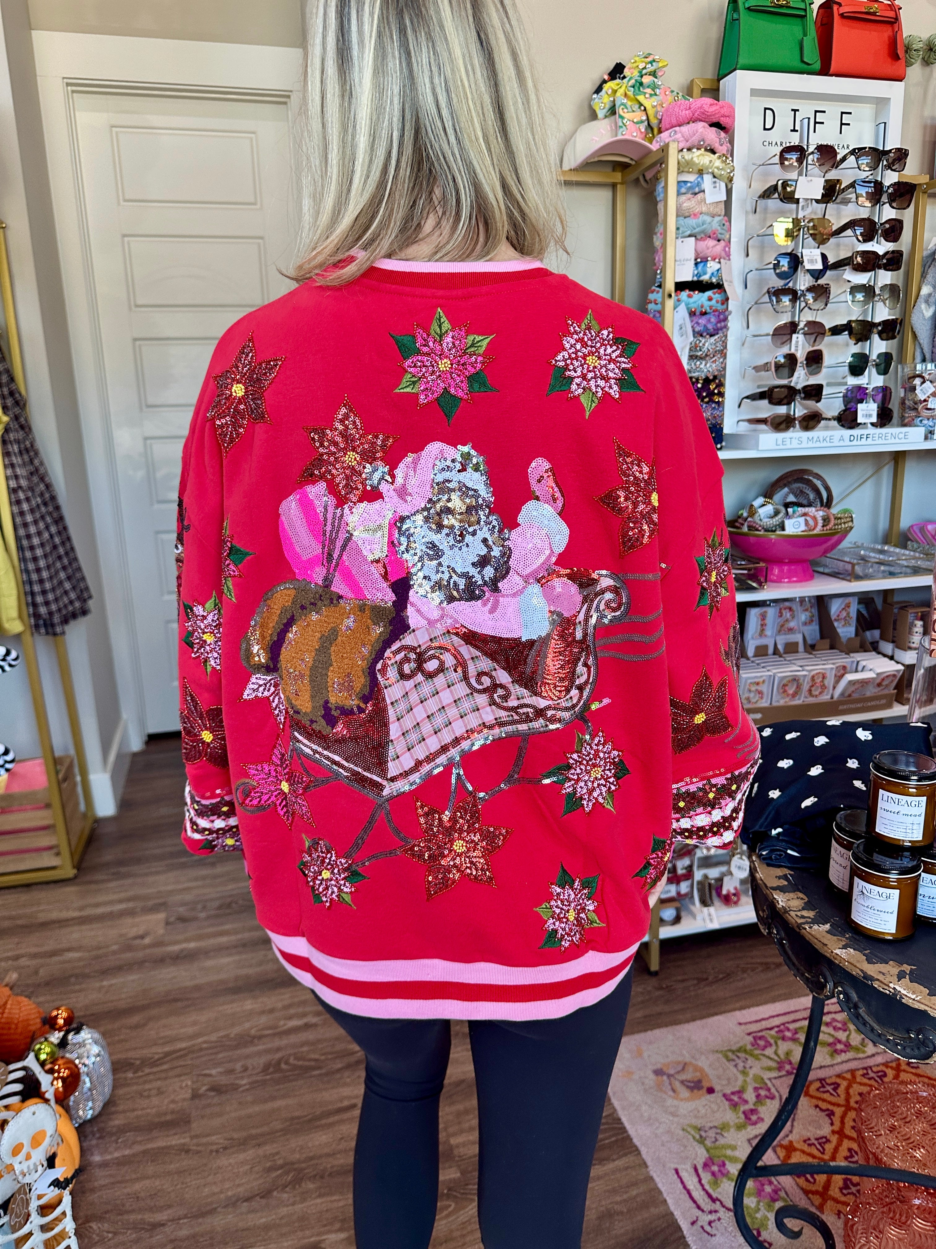Red & Pink Vintage Poinsettia Santa Sweatshirt- Queen Of Sparkles