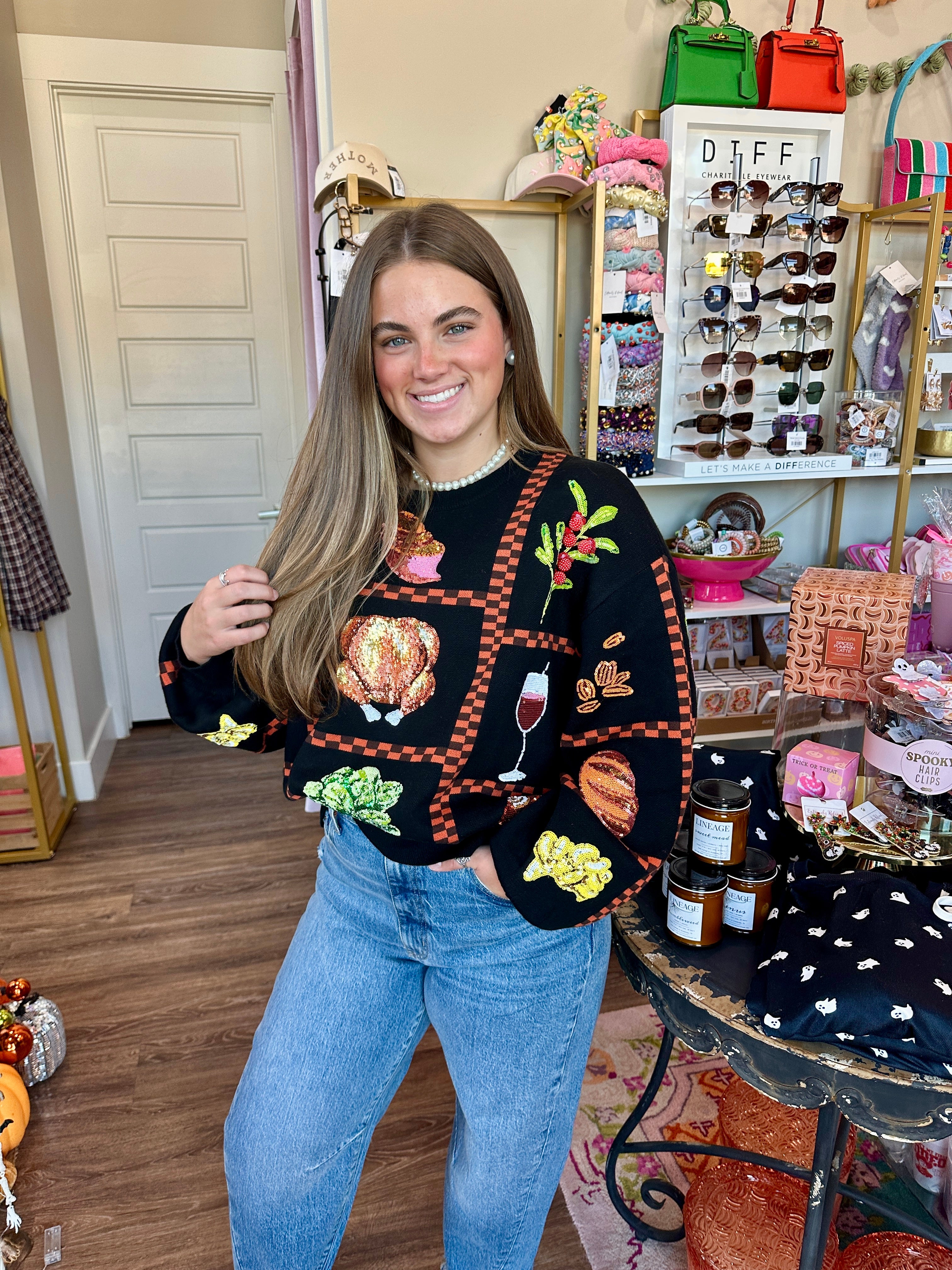 Black Checkered Thanksgiving Icon Sweater- Queen Of Sparkles
