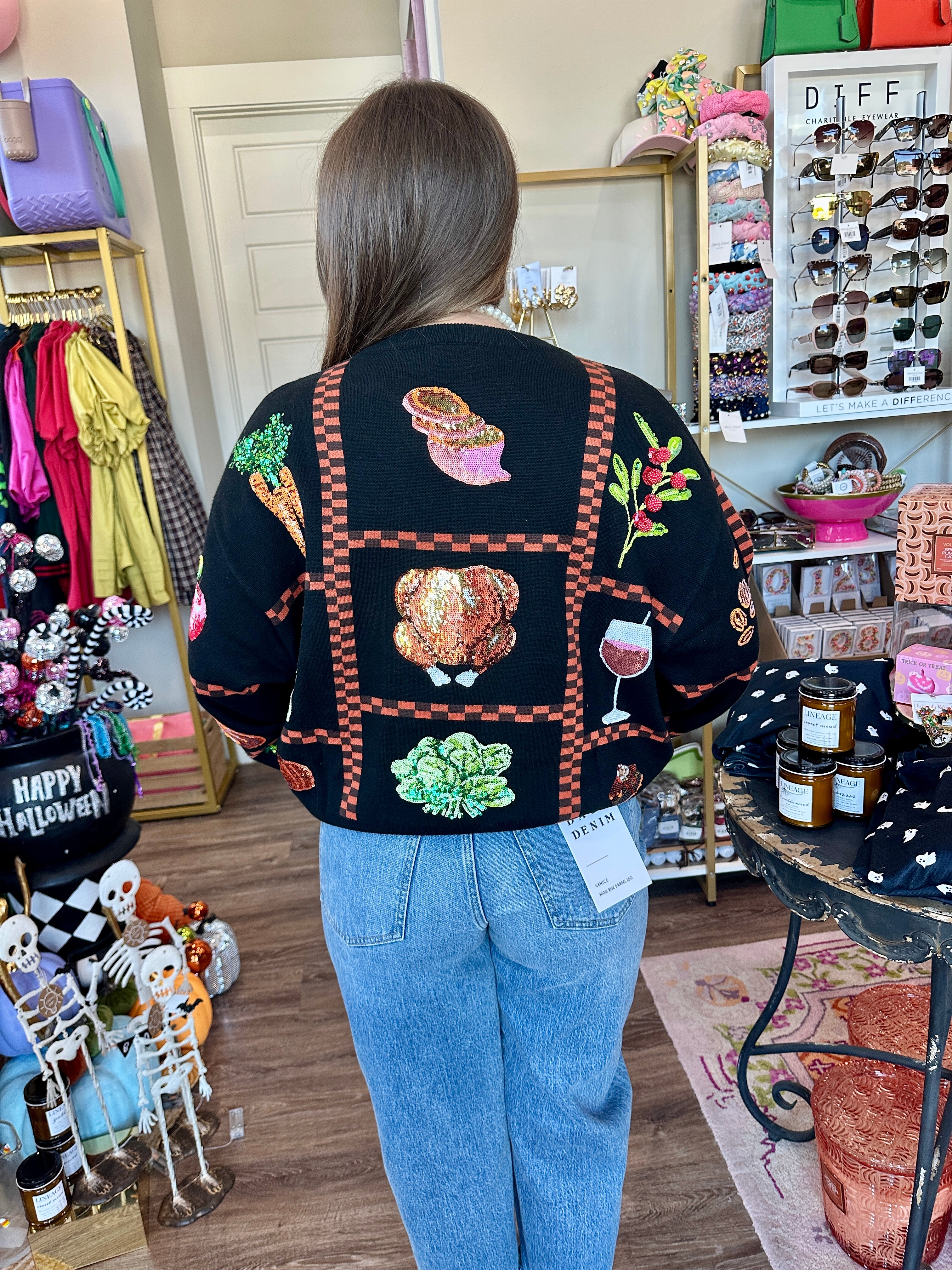 Black Checkered Thanksgiving Icon Sweater- Queen Of Sparkles