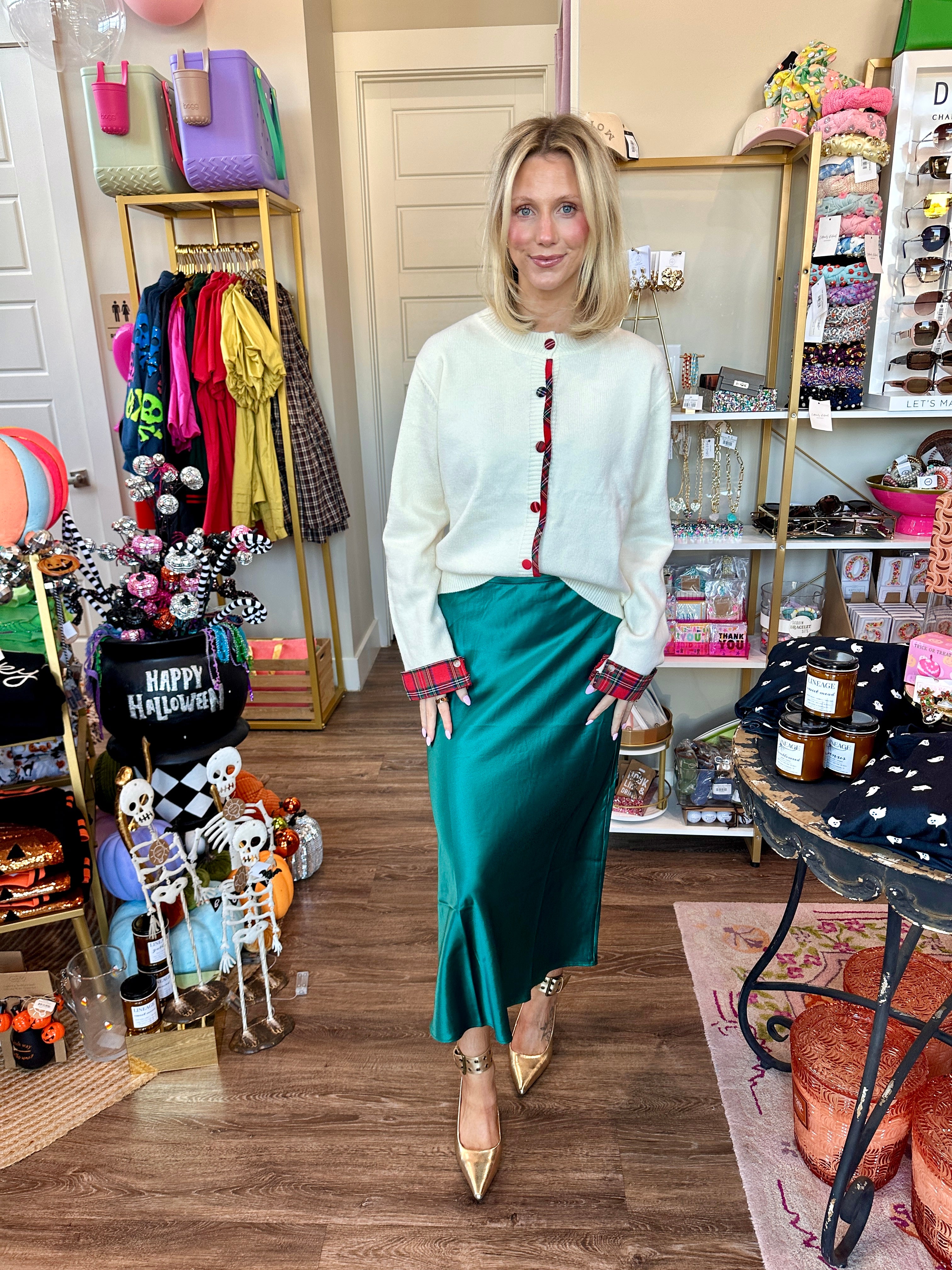 Green Satin Midi Skirt