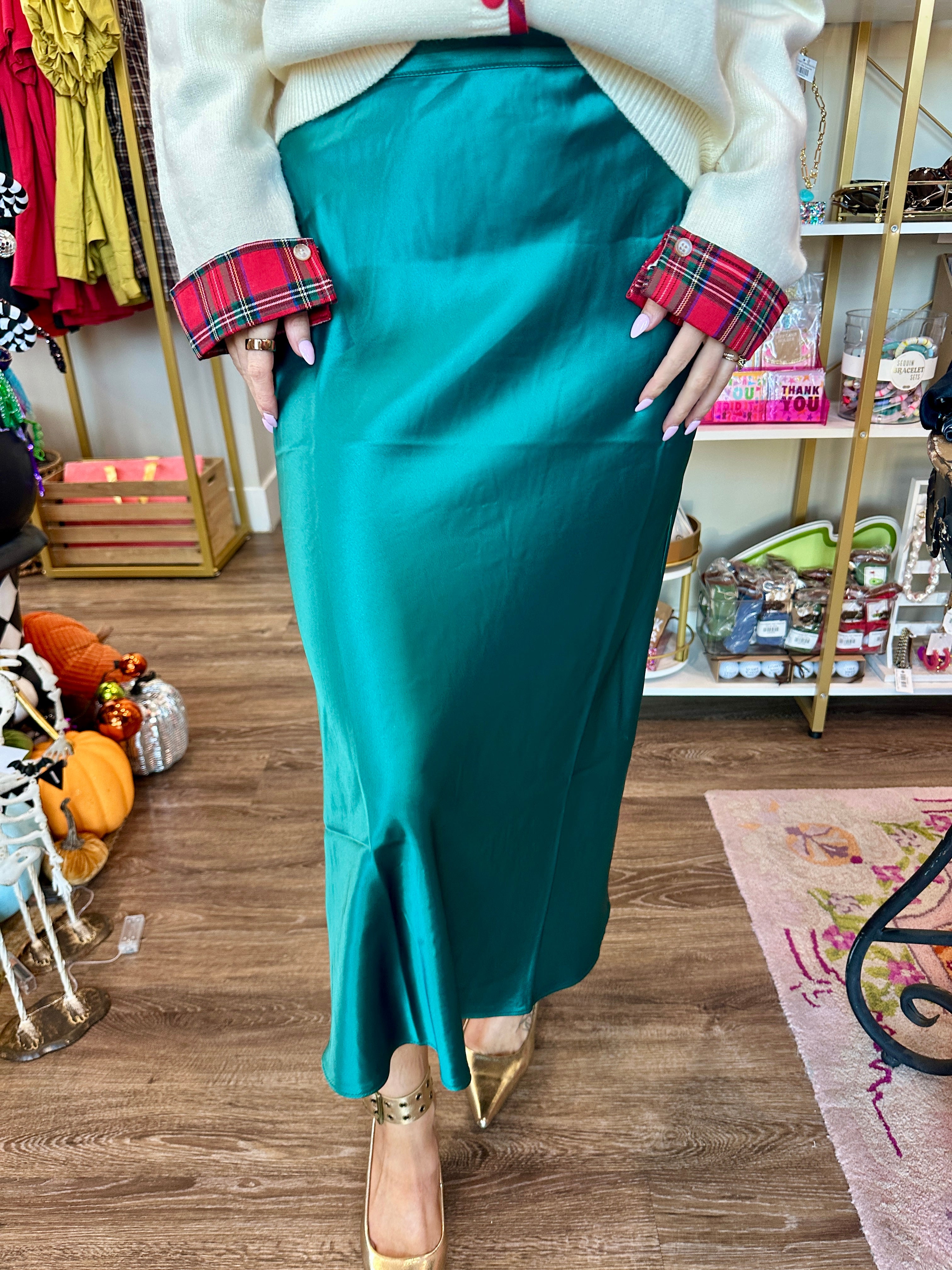 Green Satin Midi Skirt