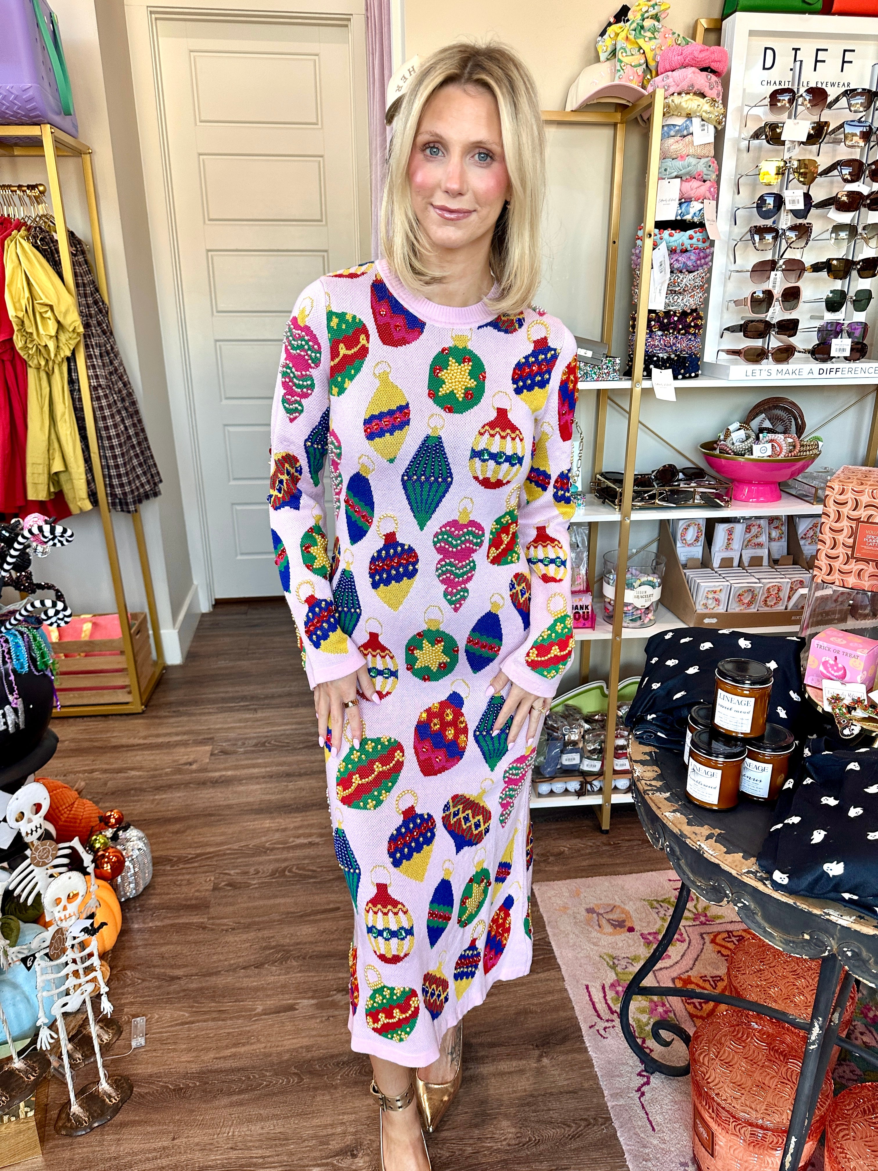 Light Pink Multi Jeweled Ornament Knit Midi Dress- Queen Of Sparkles