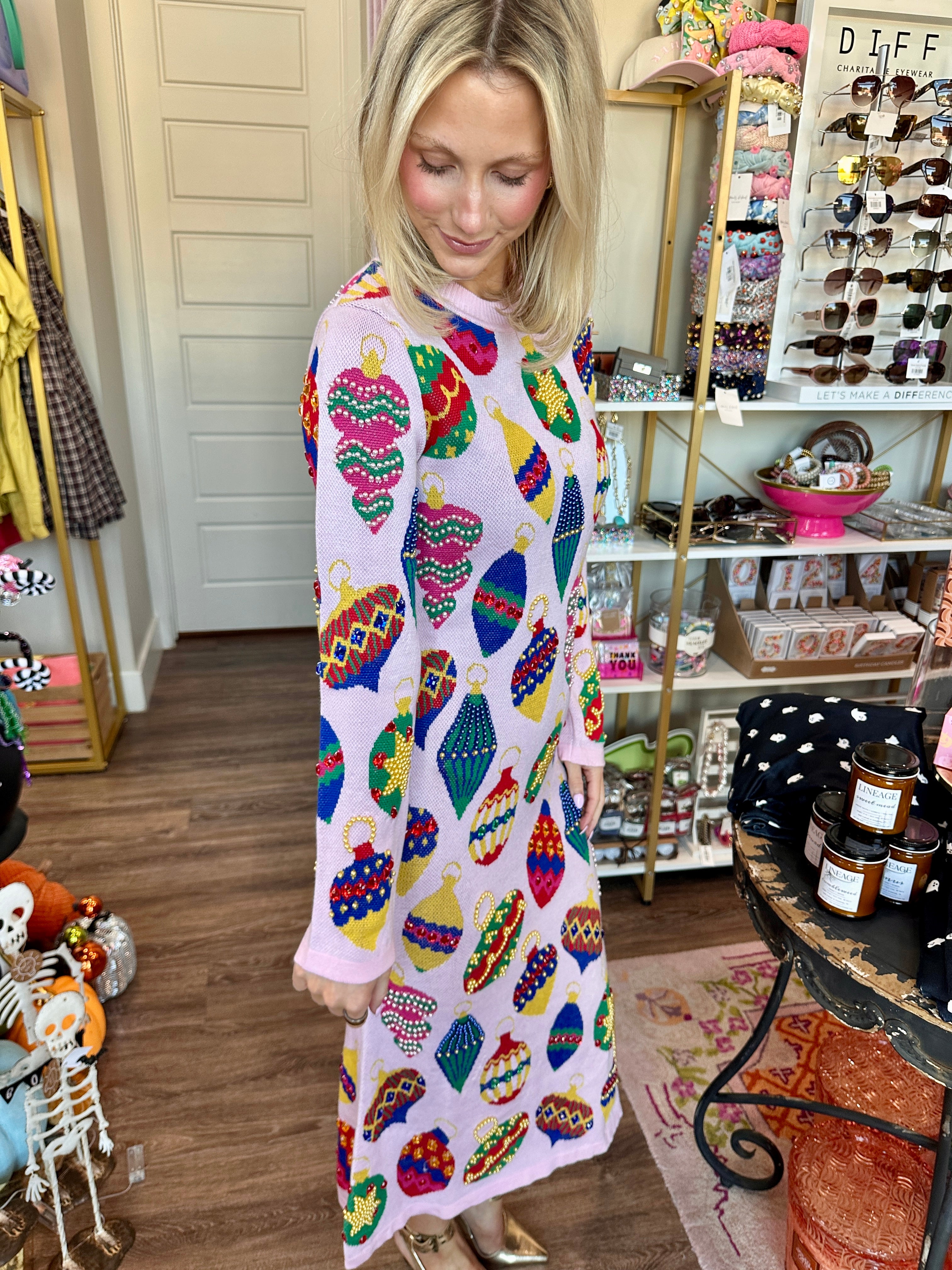 Light Pink Multi Jeweled Ornament Knit Midi Dress- Queen Of Sparkles