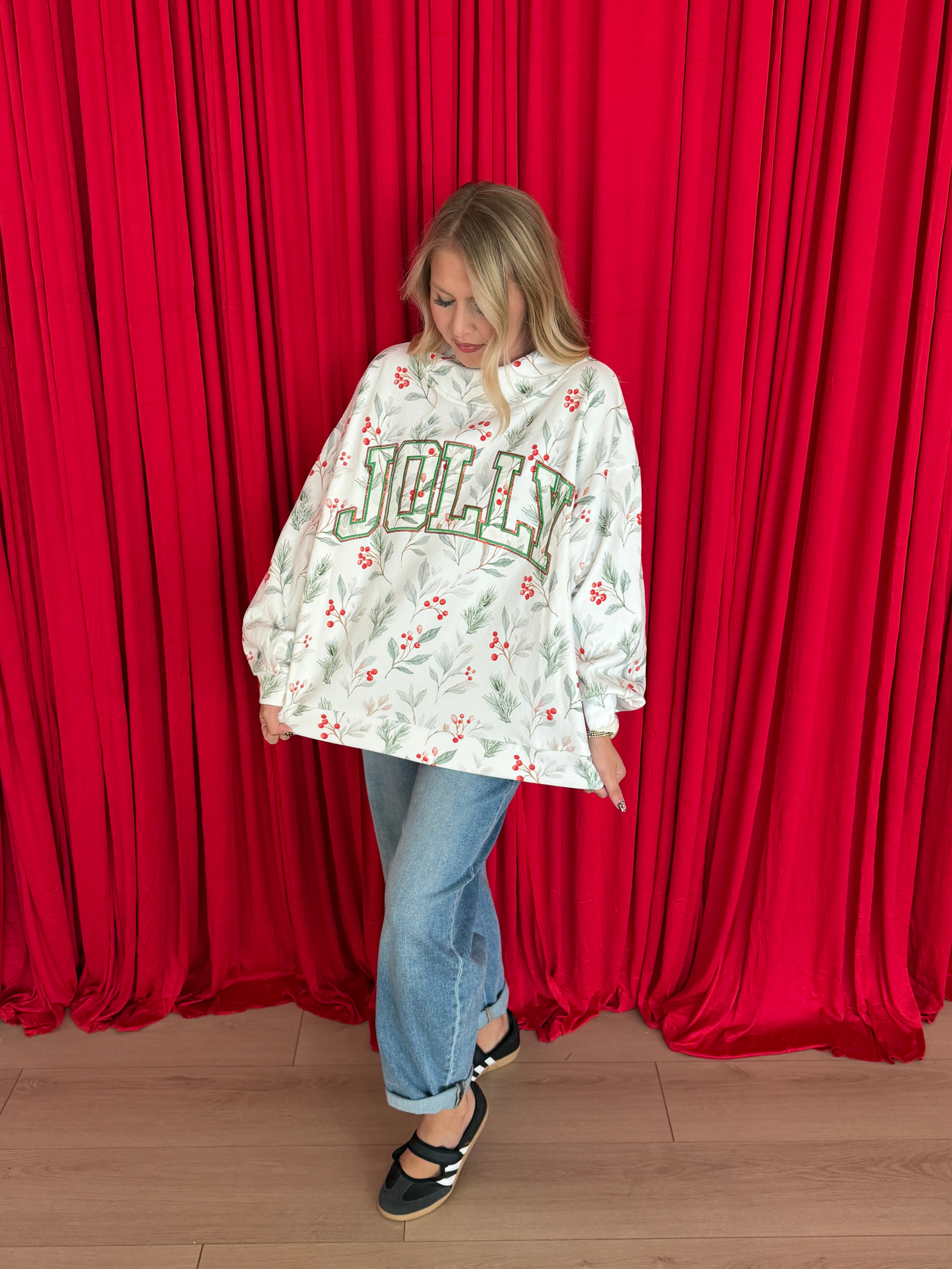 Holly Print 'Jolly' Mockneck Sweatshirt- QOS