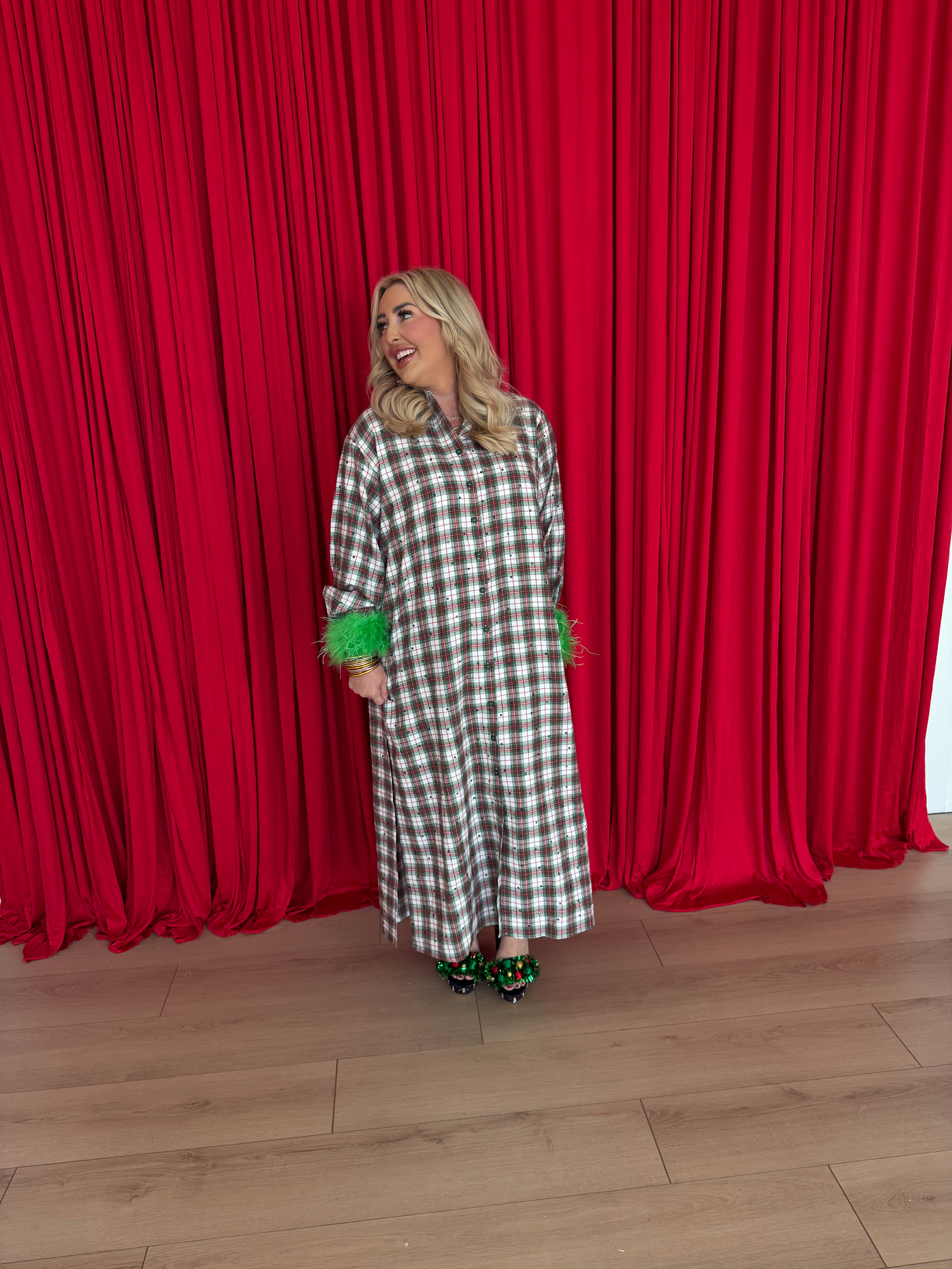 Red & Green Plaid Rhinestone Feather Sleeve Midi Dress- QOS