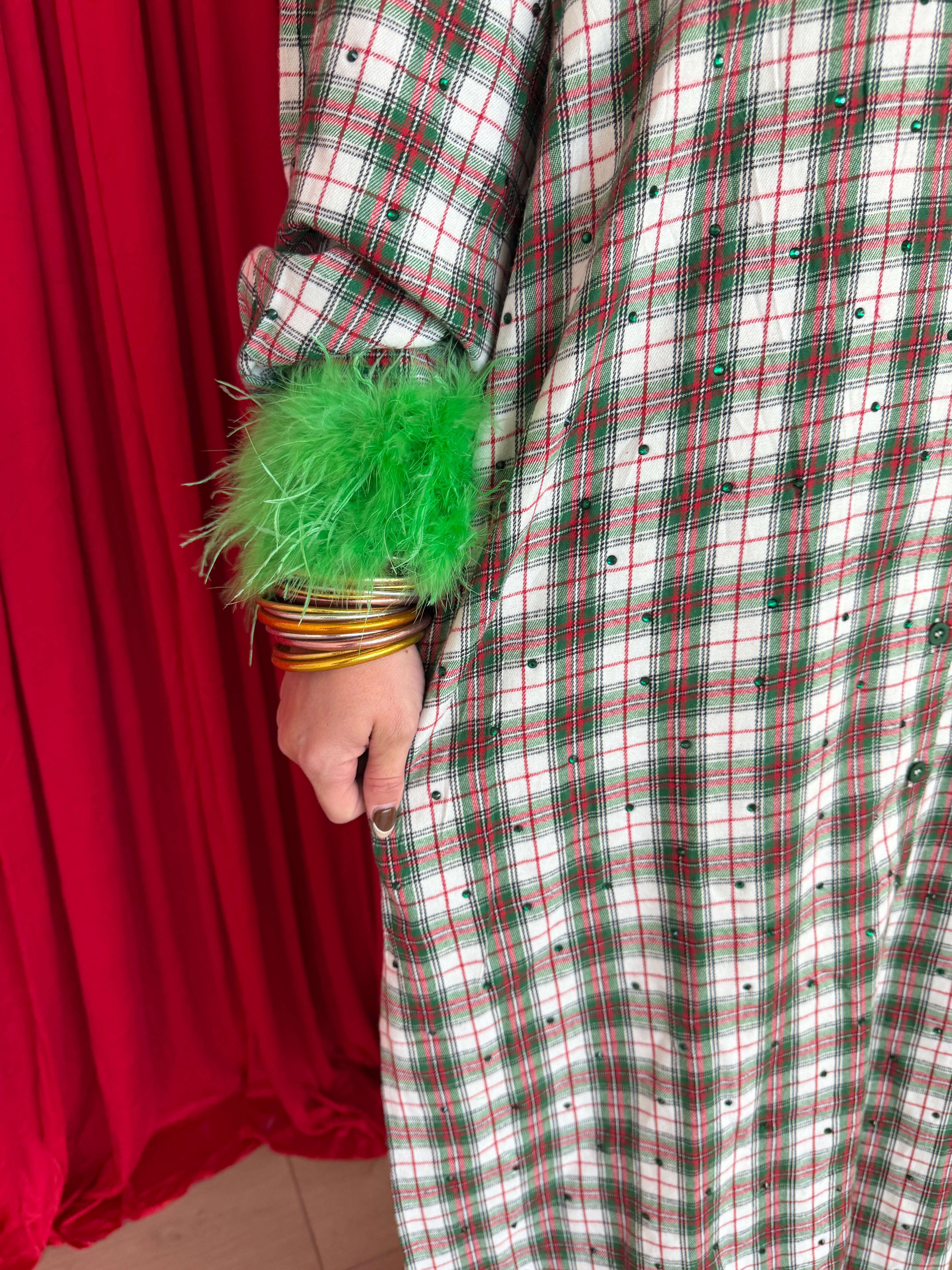 Red & Green Plaid Rhinestone Feather Sleeve Midi Dress- QOS
