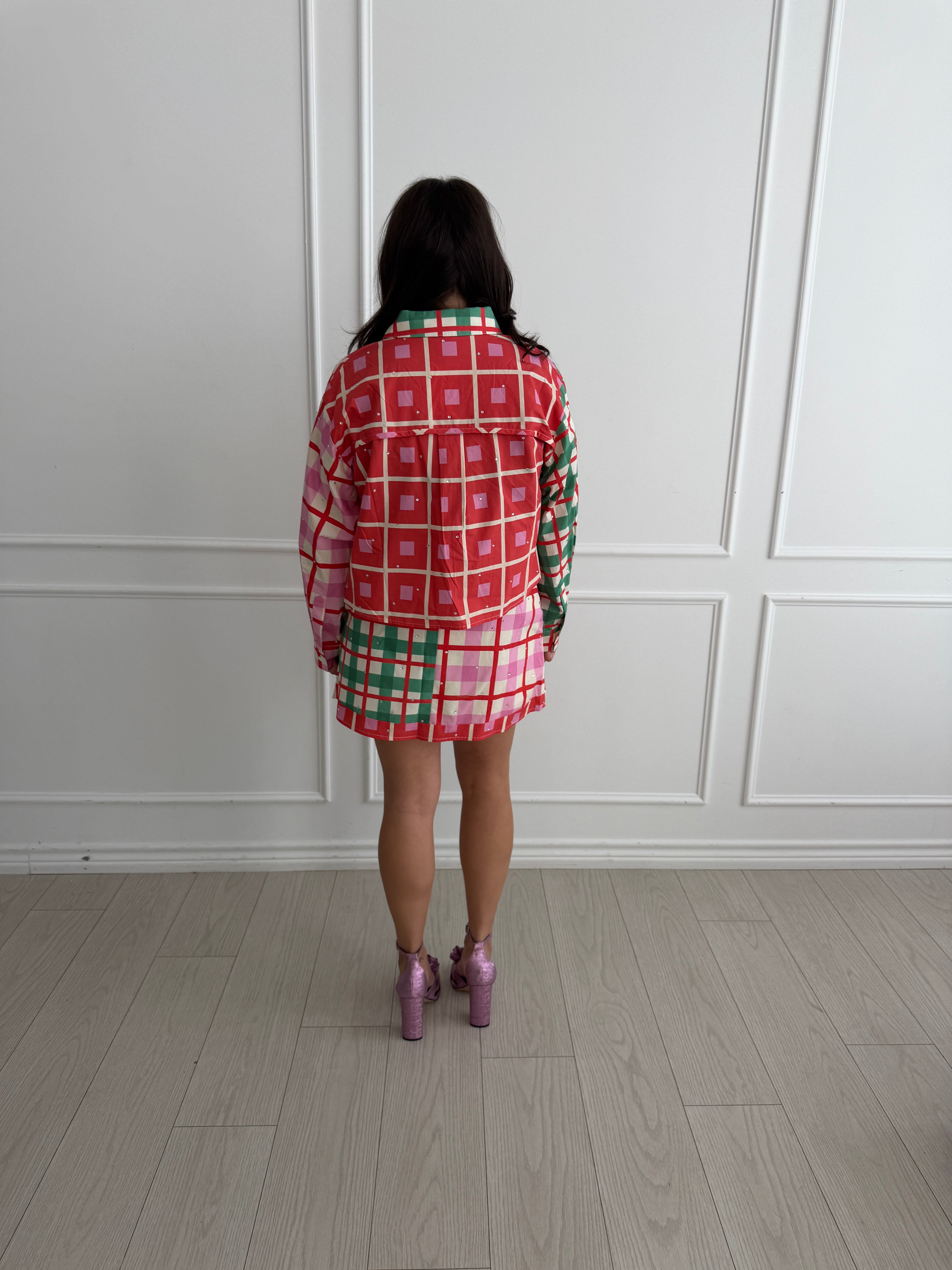 Red, Green,Ivory & Pink Plaid Rhinestone Skort- QOS