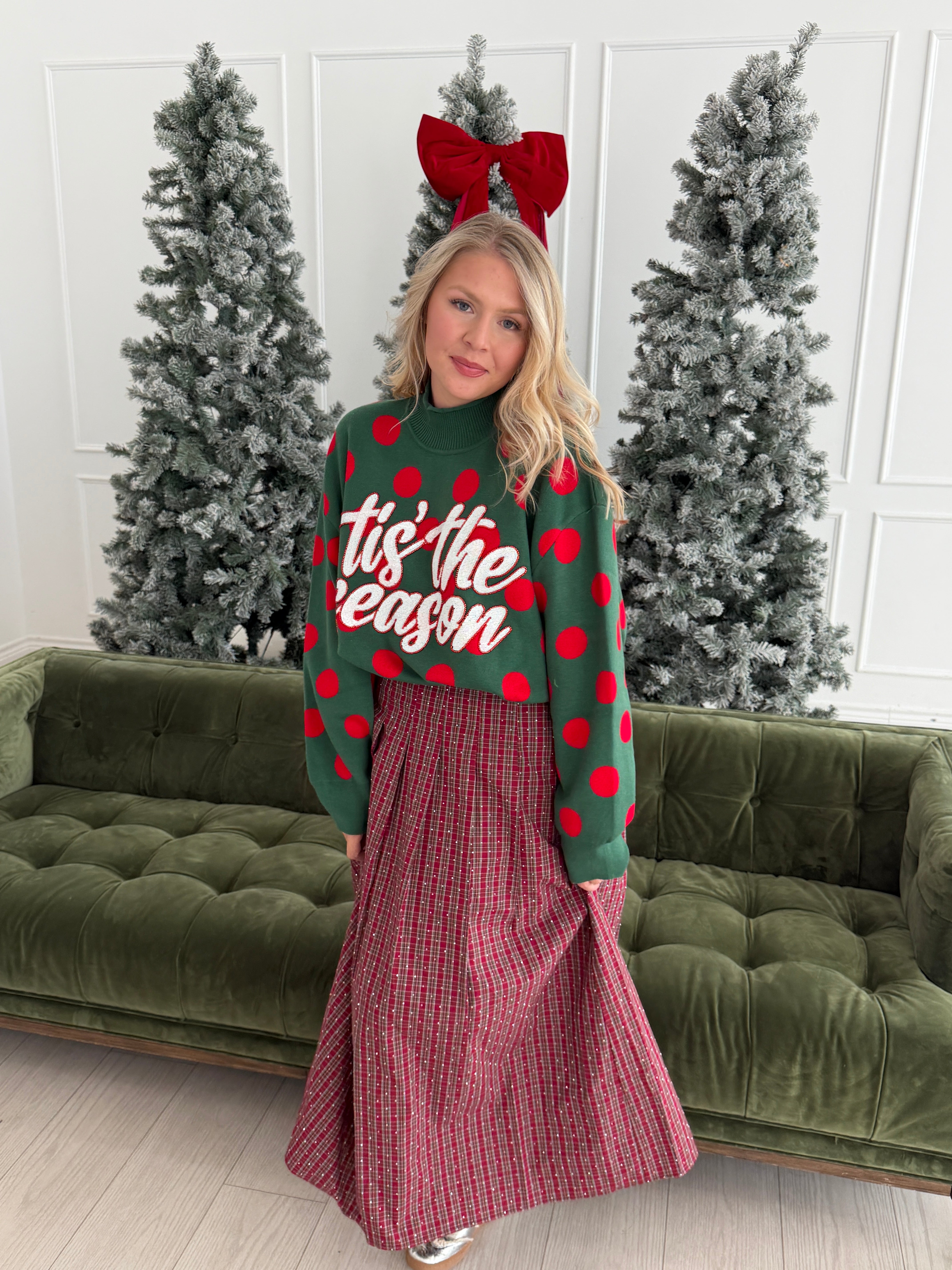 Green & Red Polka Dot 'Tis The Season' Turtleneck Sweater- QOS