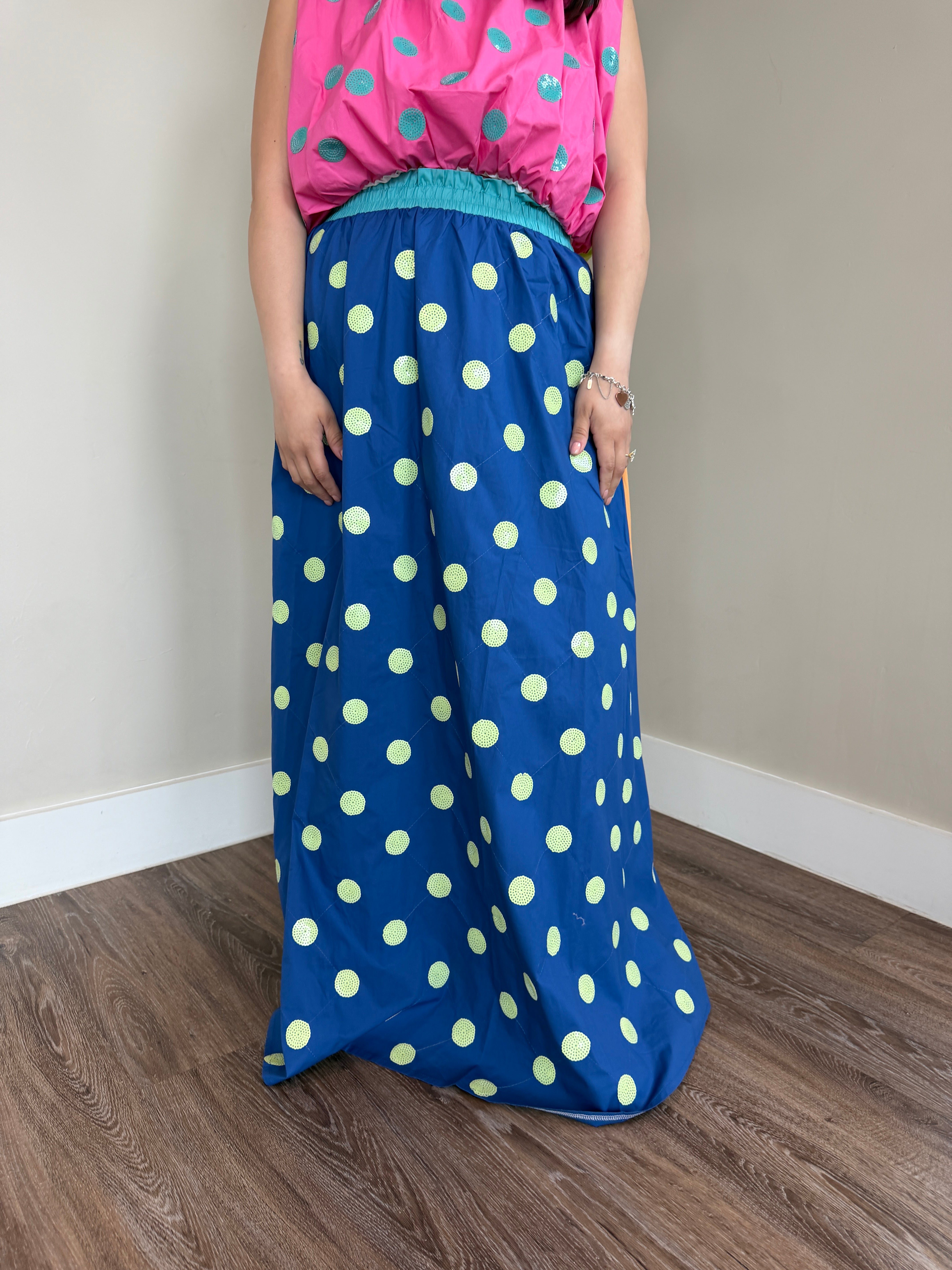 Colorblock Multi Polka Dot Cotton Midi Skirt- queen of sparkles