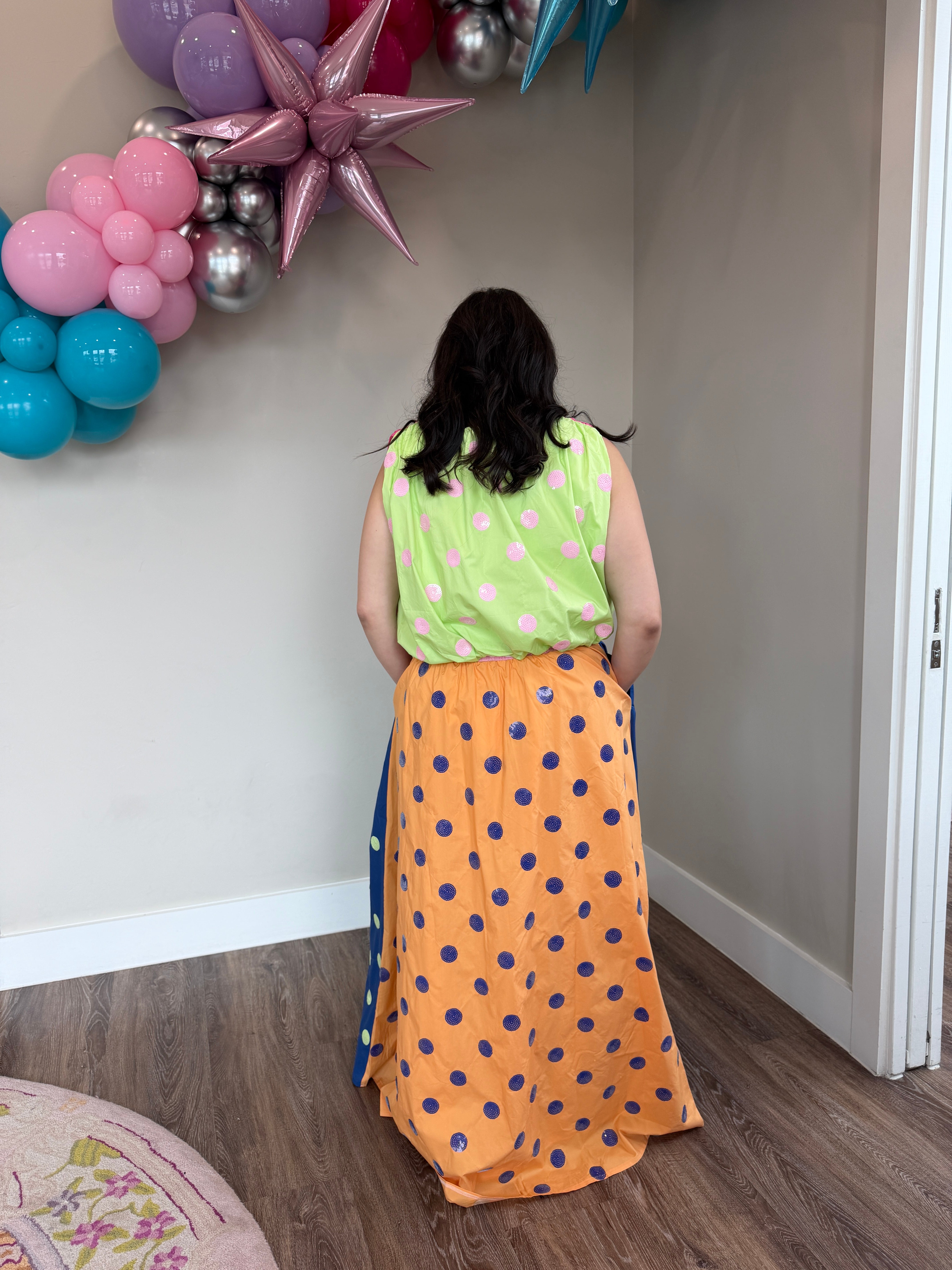 Colorblock Multi Polka Dot Cotton Midi Skirt- queen of sparkles