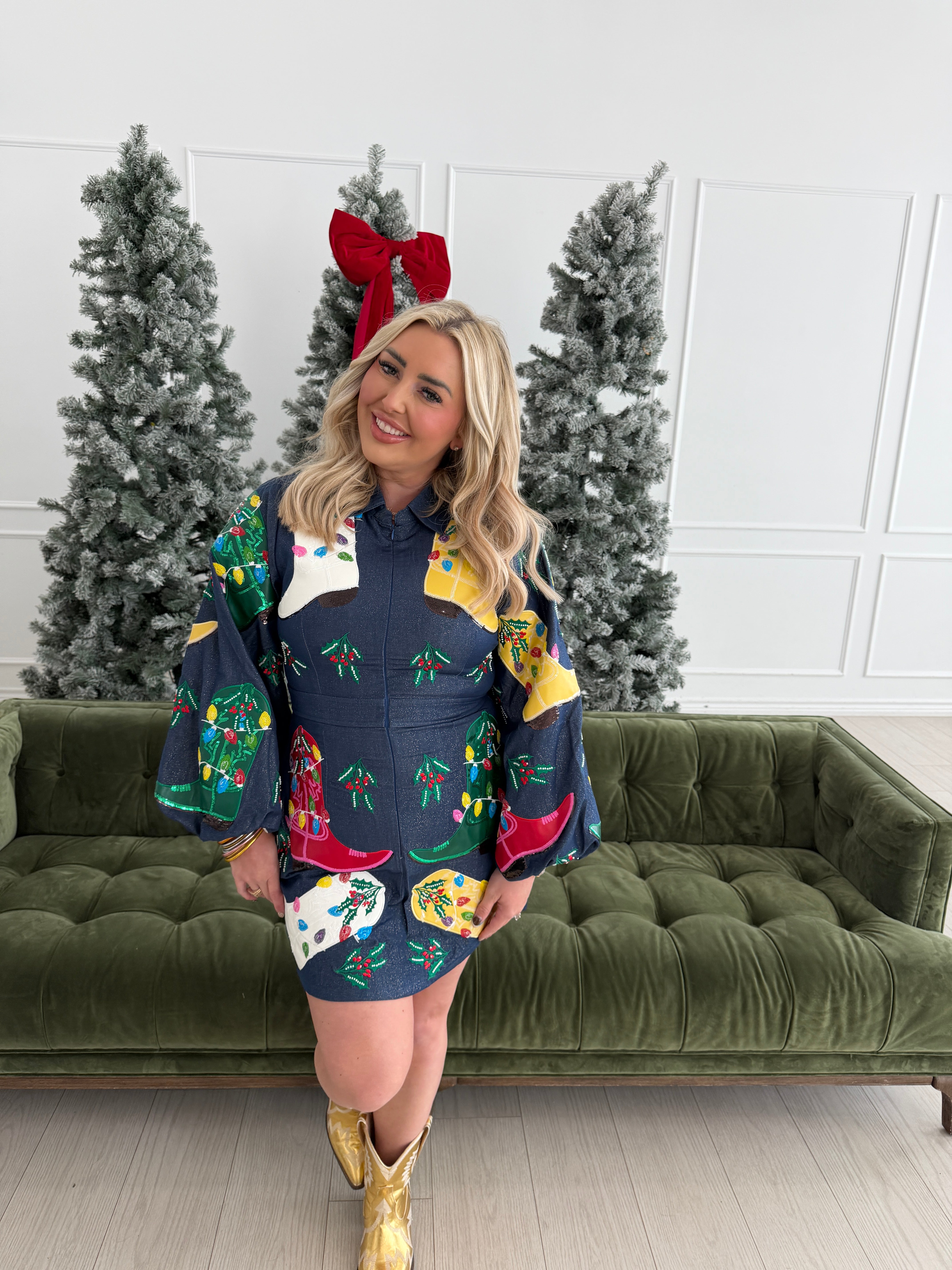 Denim Multi Christmas Cowboy Boot Zip Up Dress- QOS