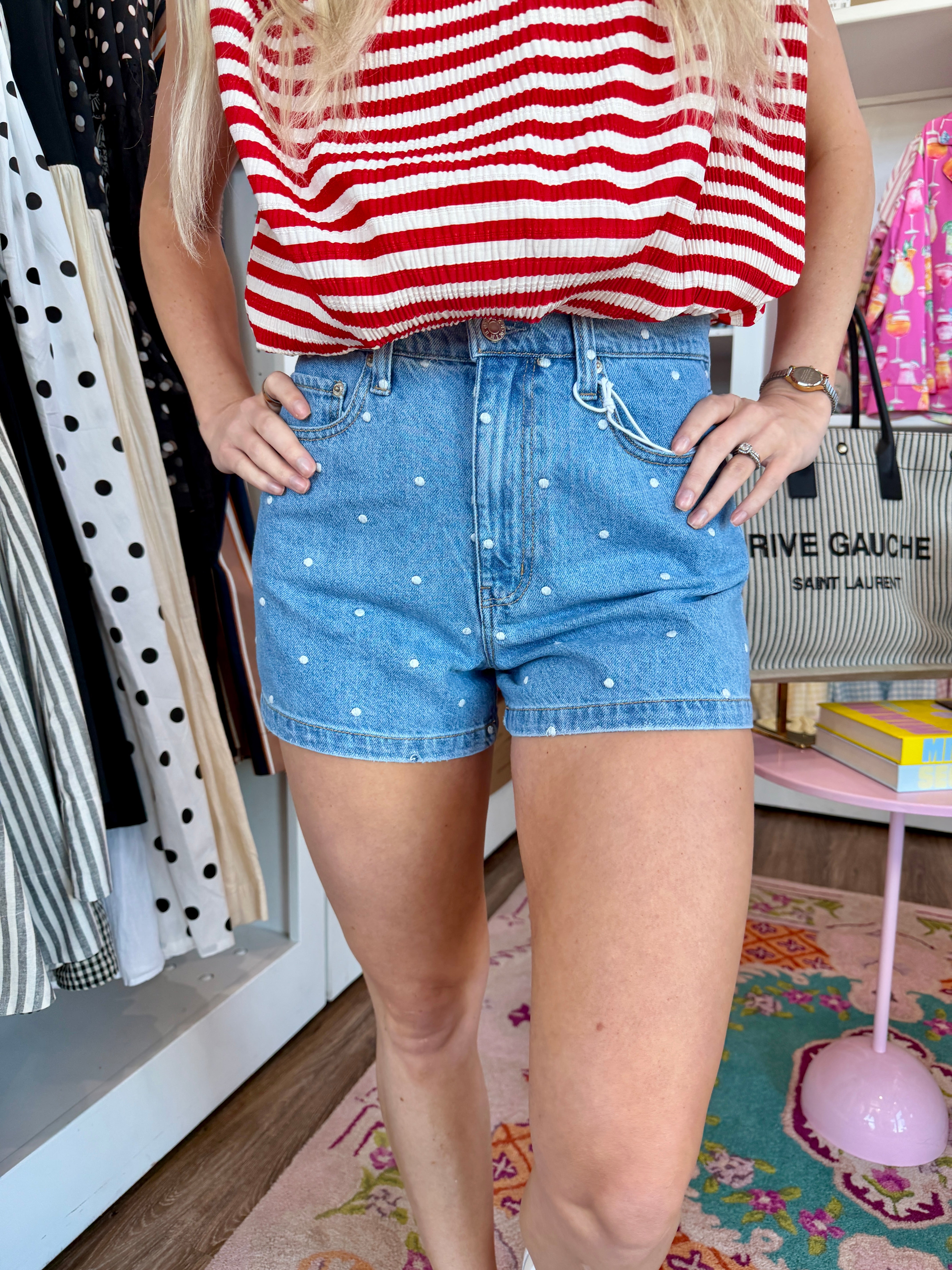Knockout High Rise Polka Dot Denim Short