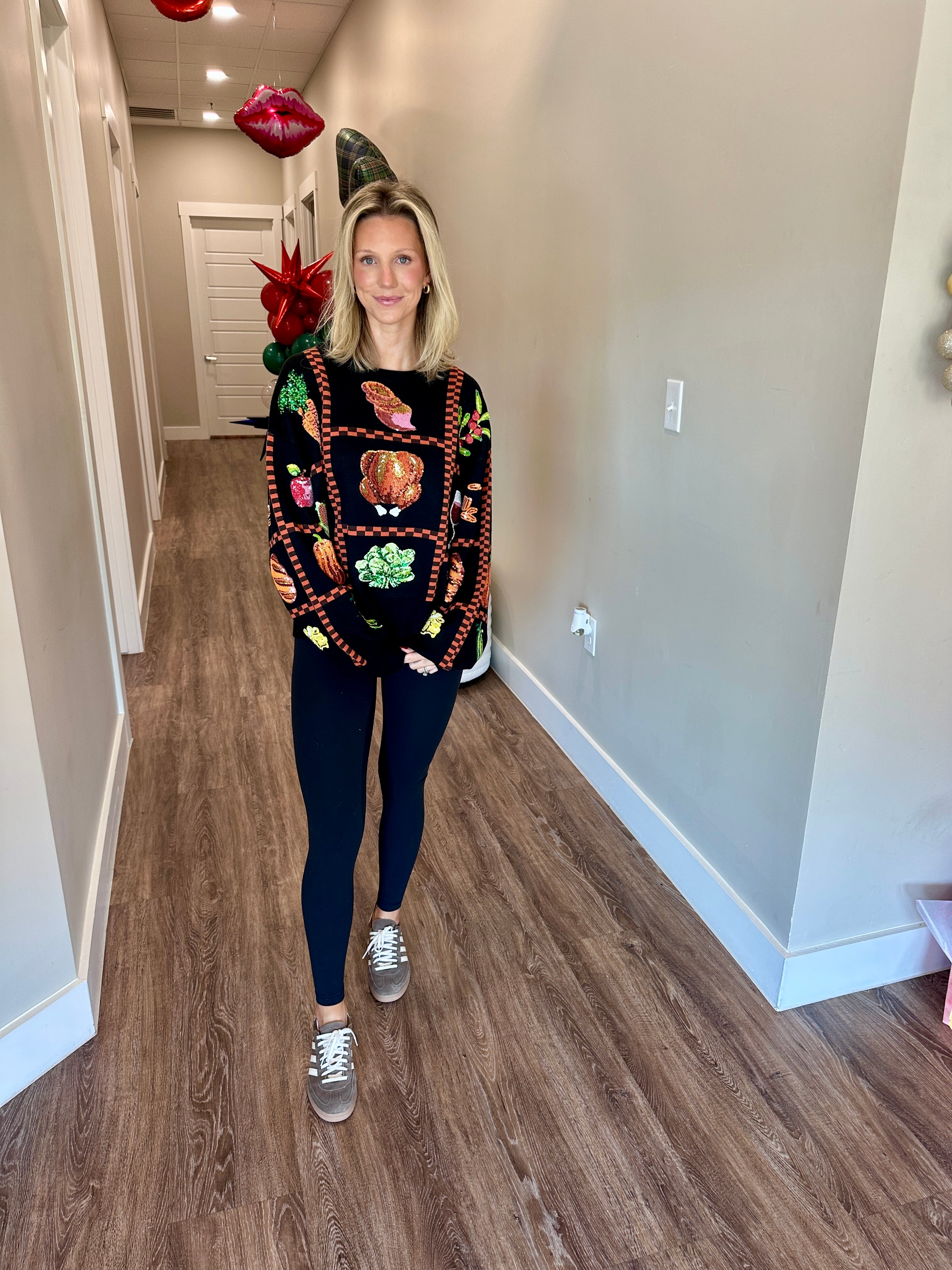 Black Checkered Thanksgiving Icon Sweater- Queen Of Sparkles