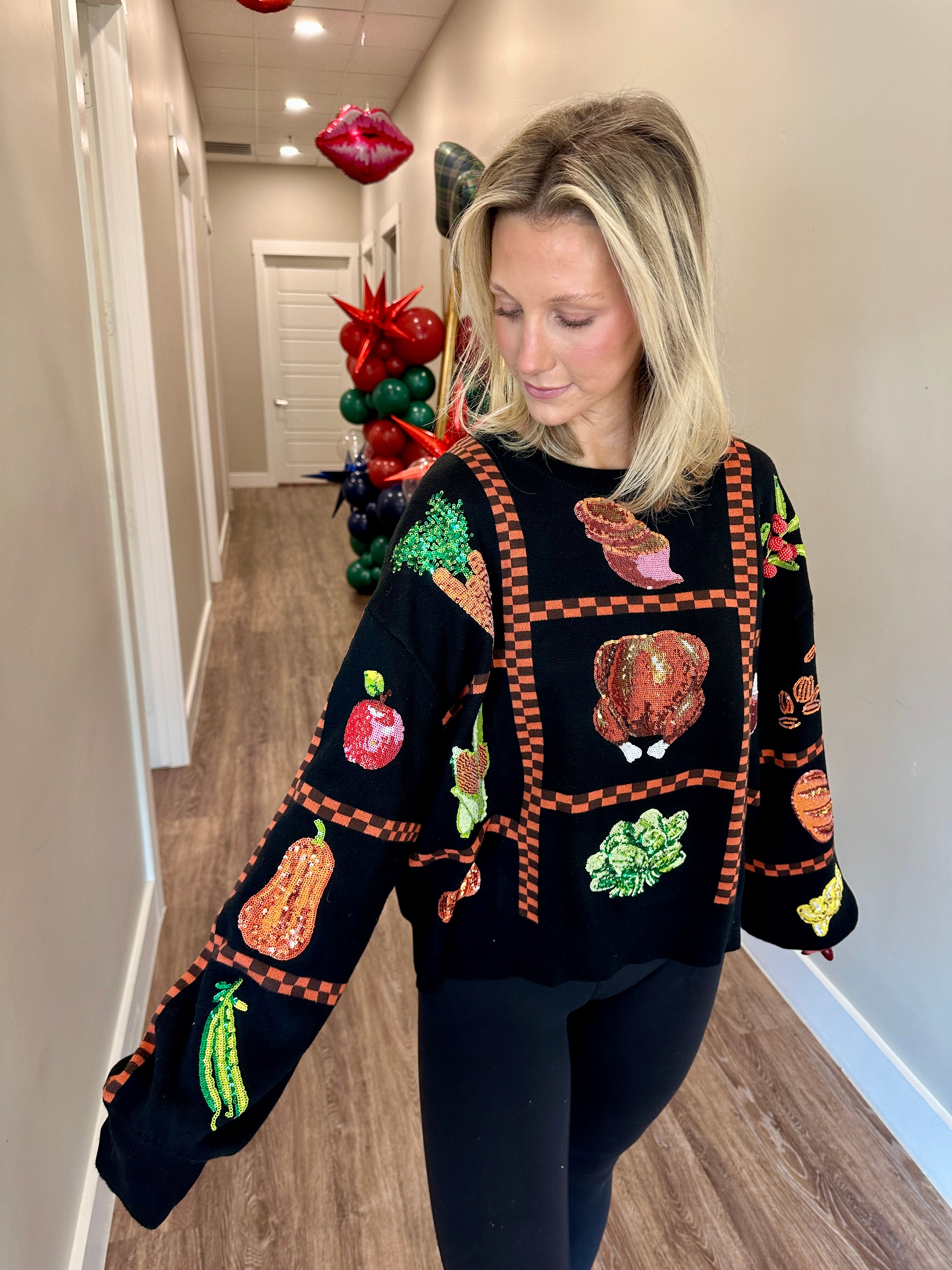 Black Checkered Thanksgiving Icon Sweater- Queen Of Sparkles