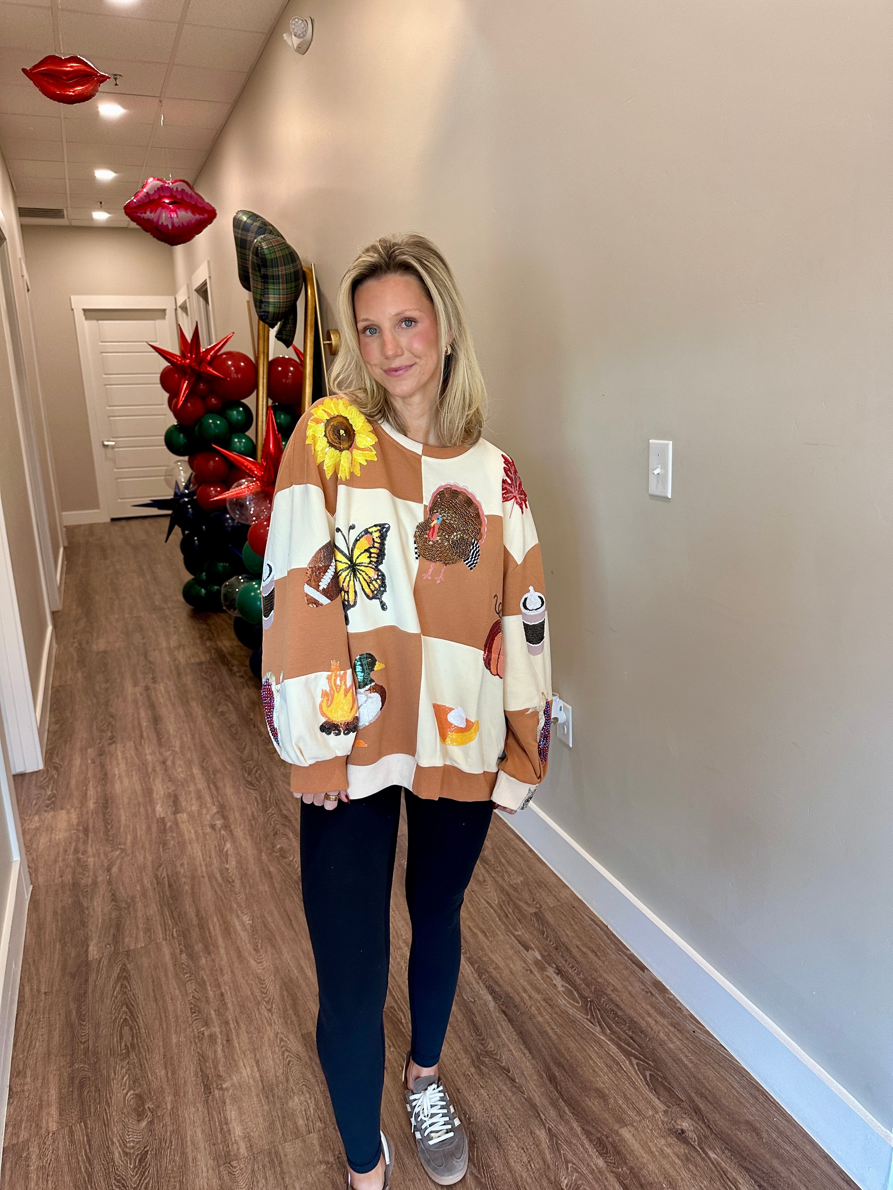 Brown & Ivory Checkered Fall Icon Sweatshirt - Queen Of Sparkles
