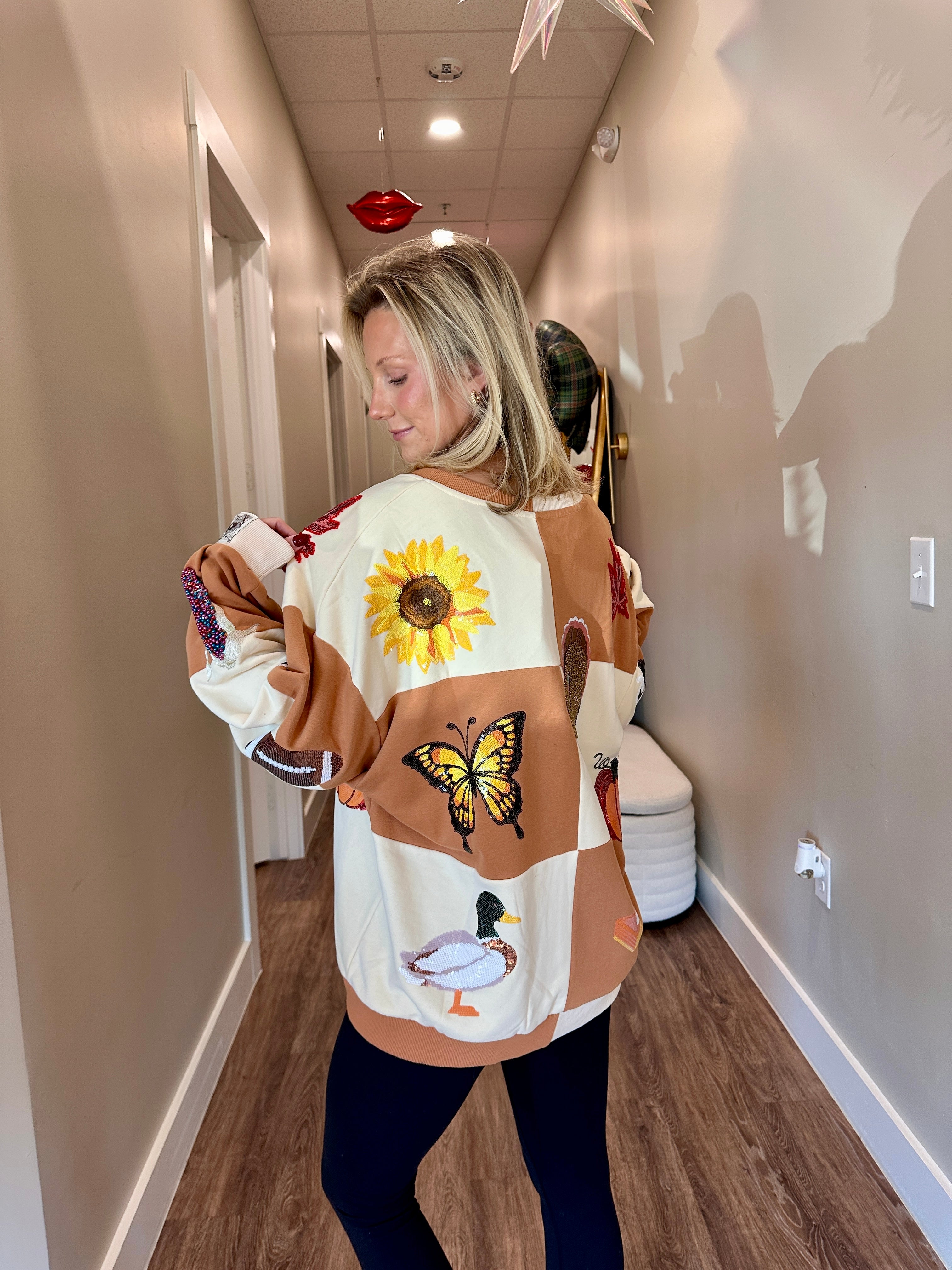 Brown & Ivory Checkered Fall Icon Sweatshirt - Queen Of Sparkles