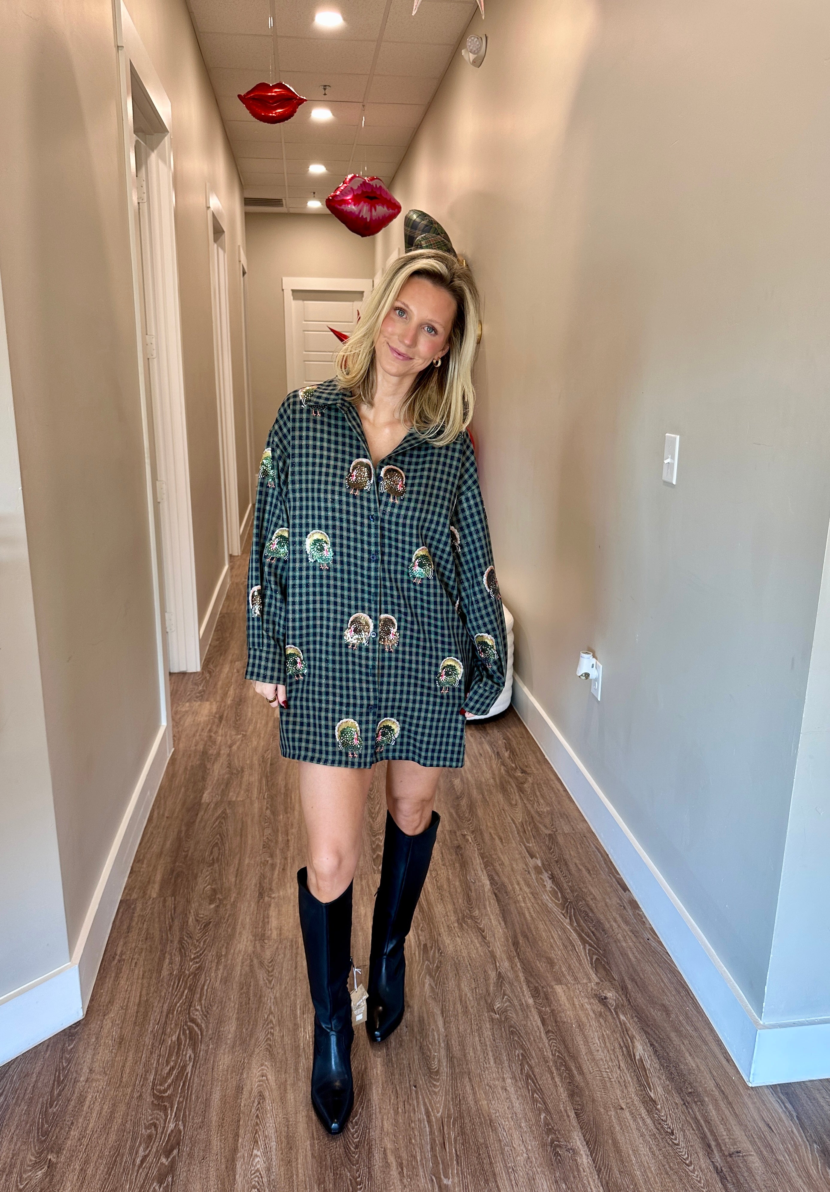 Navy Plaid Scattered Turkey Button Up Dress - Queen Of Sparkles