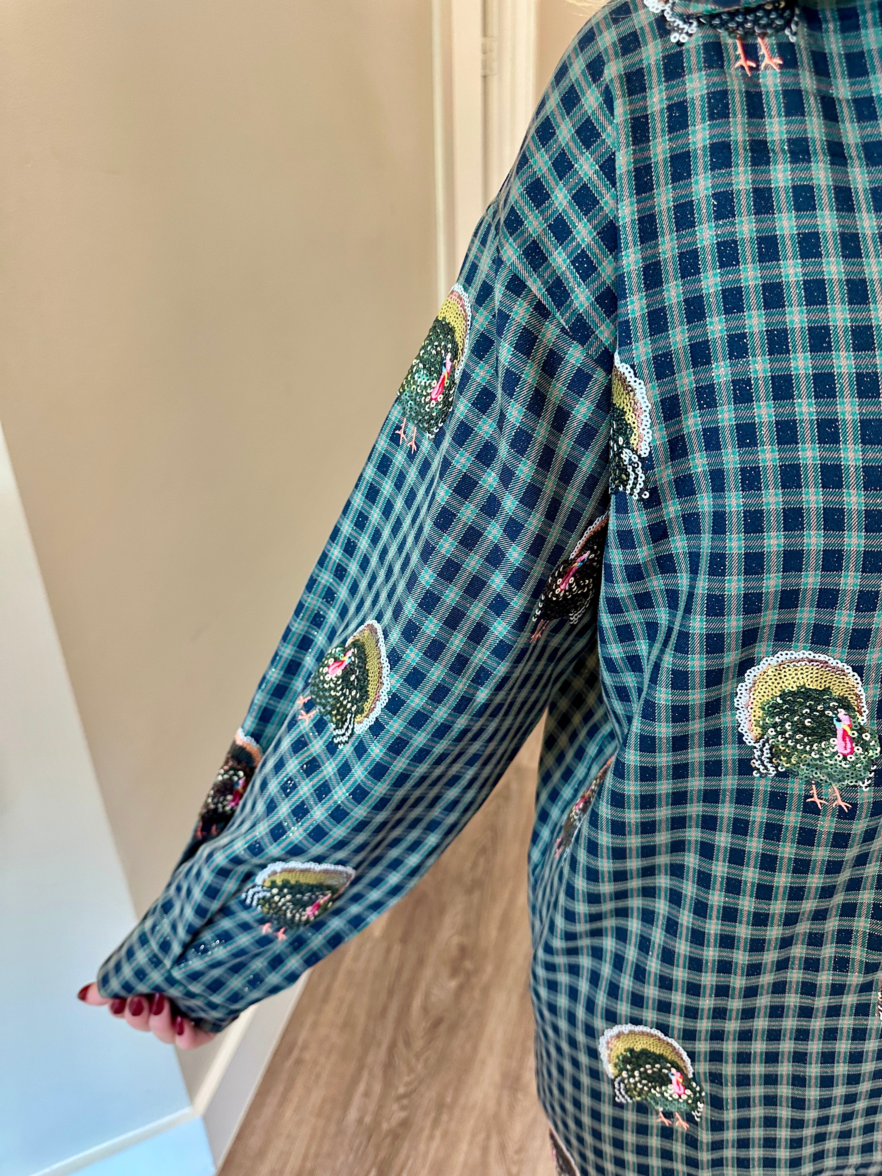 Navy Plaid Scattered Turkey Button Up Dress - Queen Of Sparkles