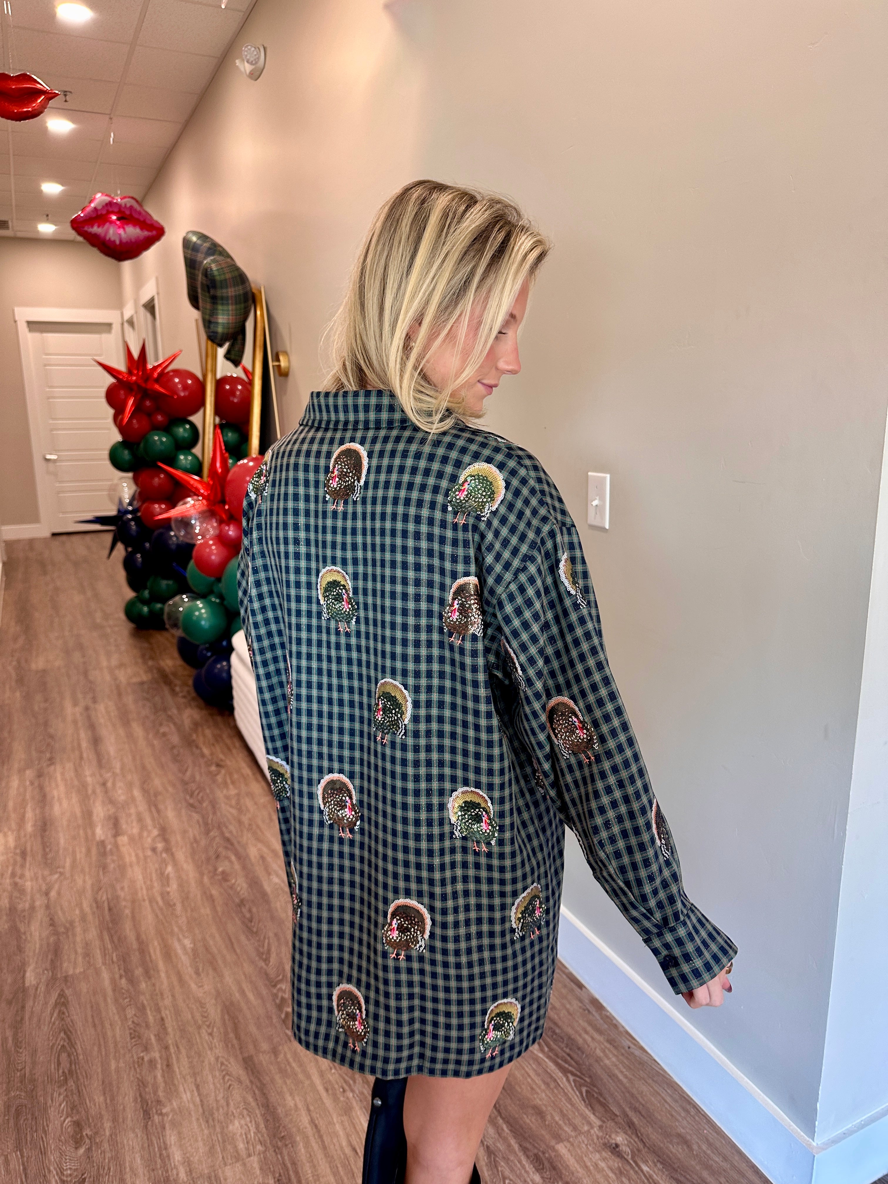 Navy Plaid Scattered Turkey Button Up Dress - Queen Of Sparkles