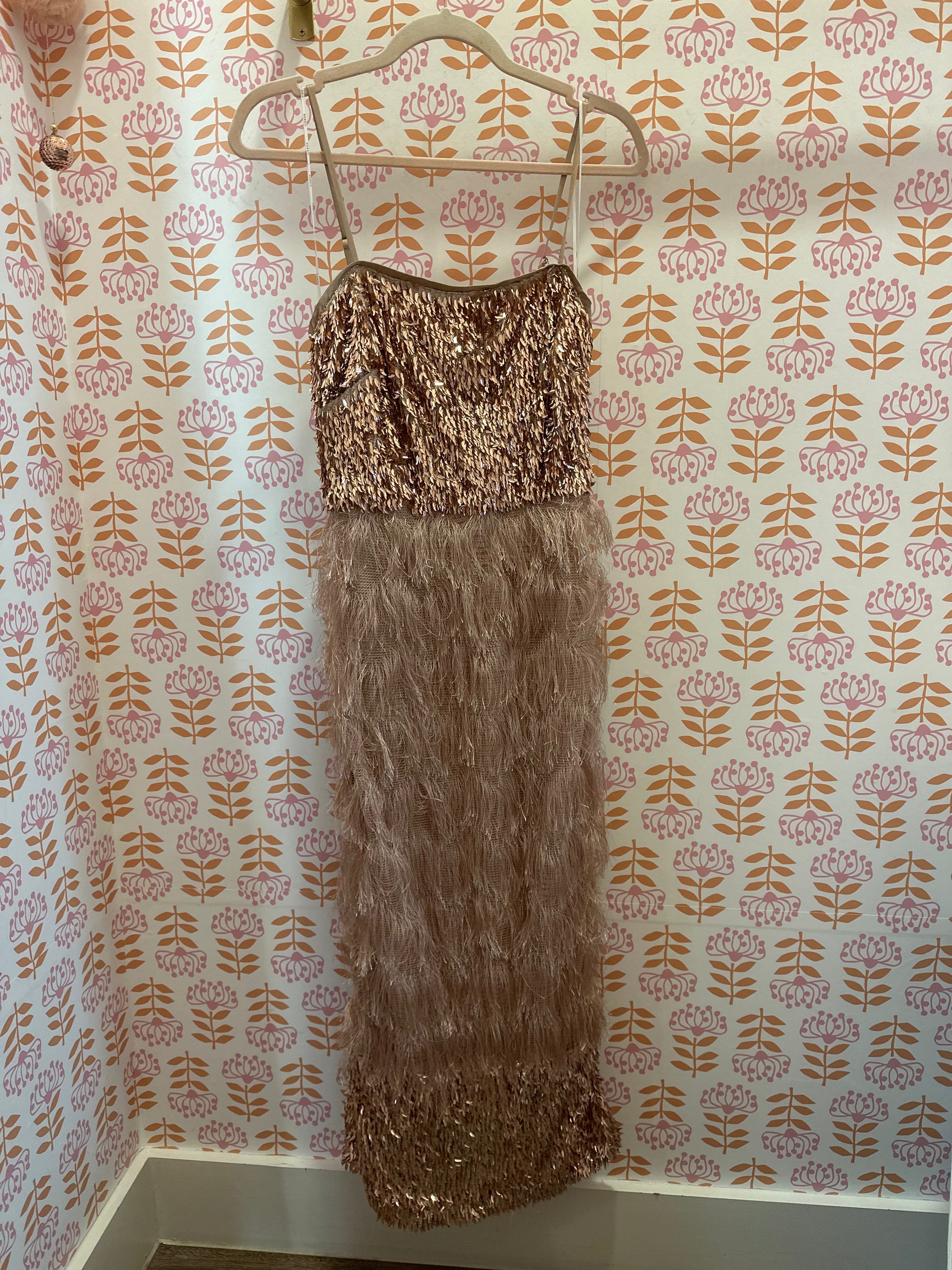 Fringe Mesh Column Midi Dress