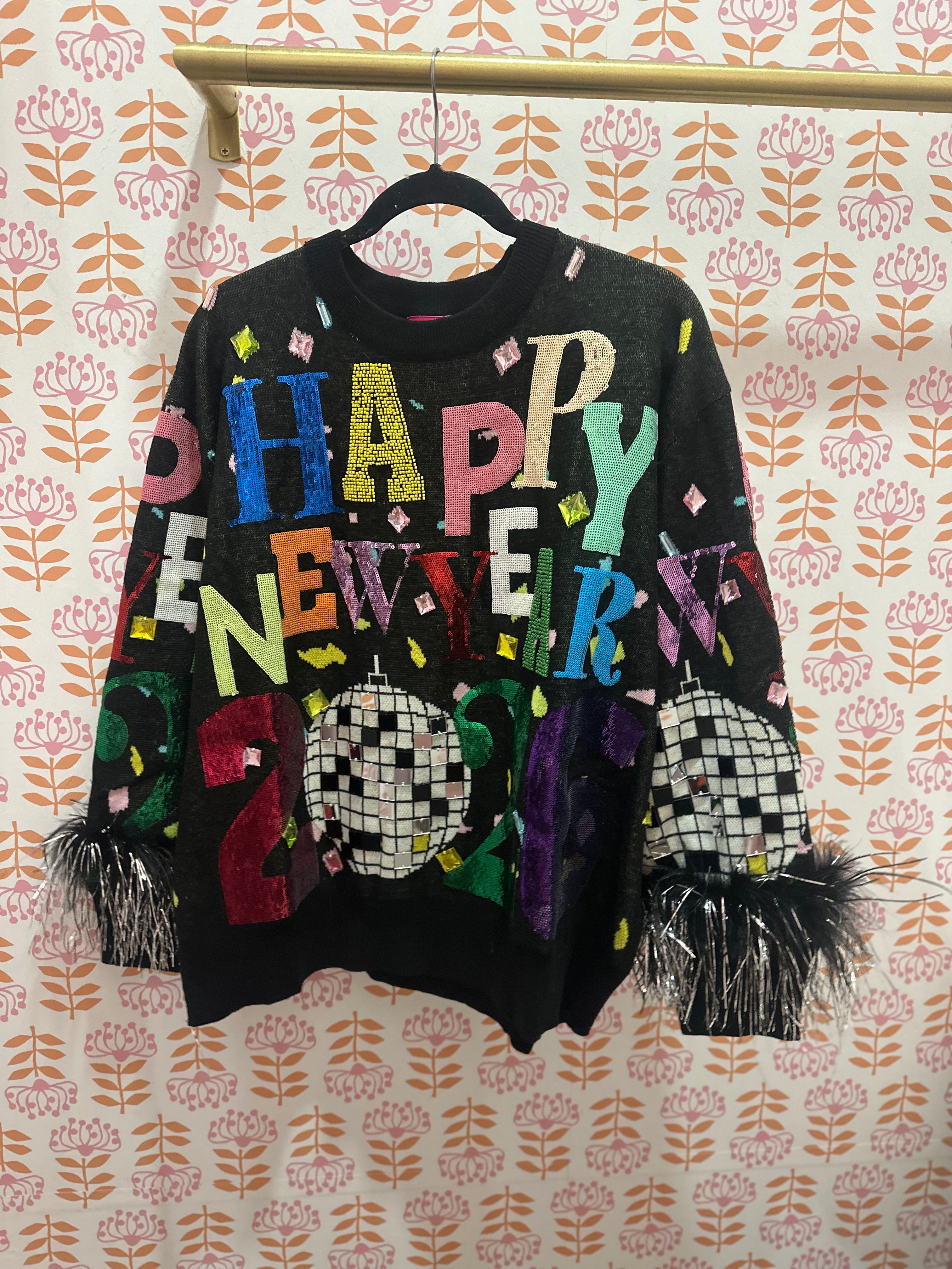 Black Multi 'Happy New Year 2026' Feather Sleeve Sweater - Queen Of Sparkles
