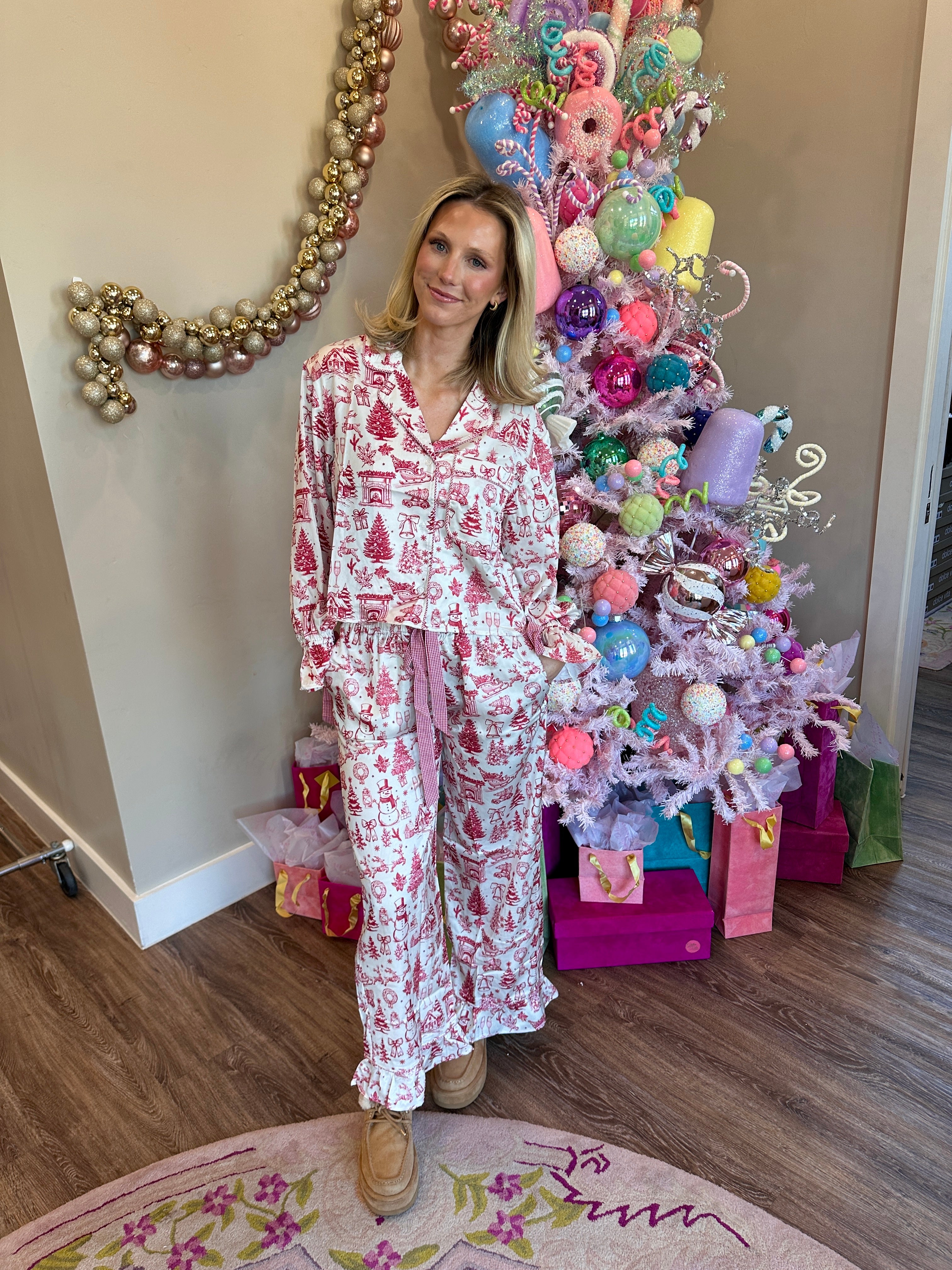 Christmas Printed Satin Gingham Tie Detail PJ Set In Red