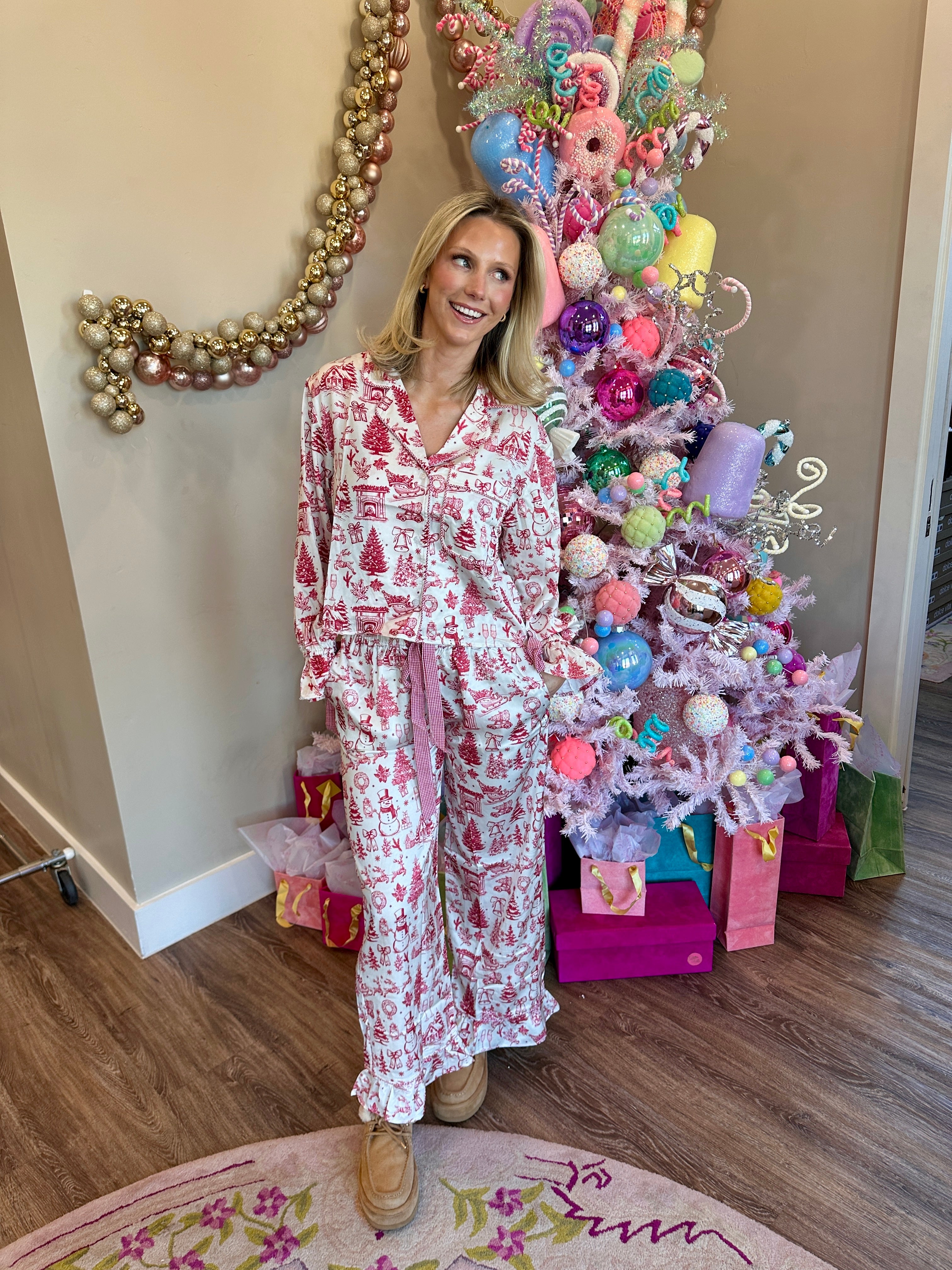 Christmas Printed Satin Gingham Tie Detail PJ Set In Red