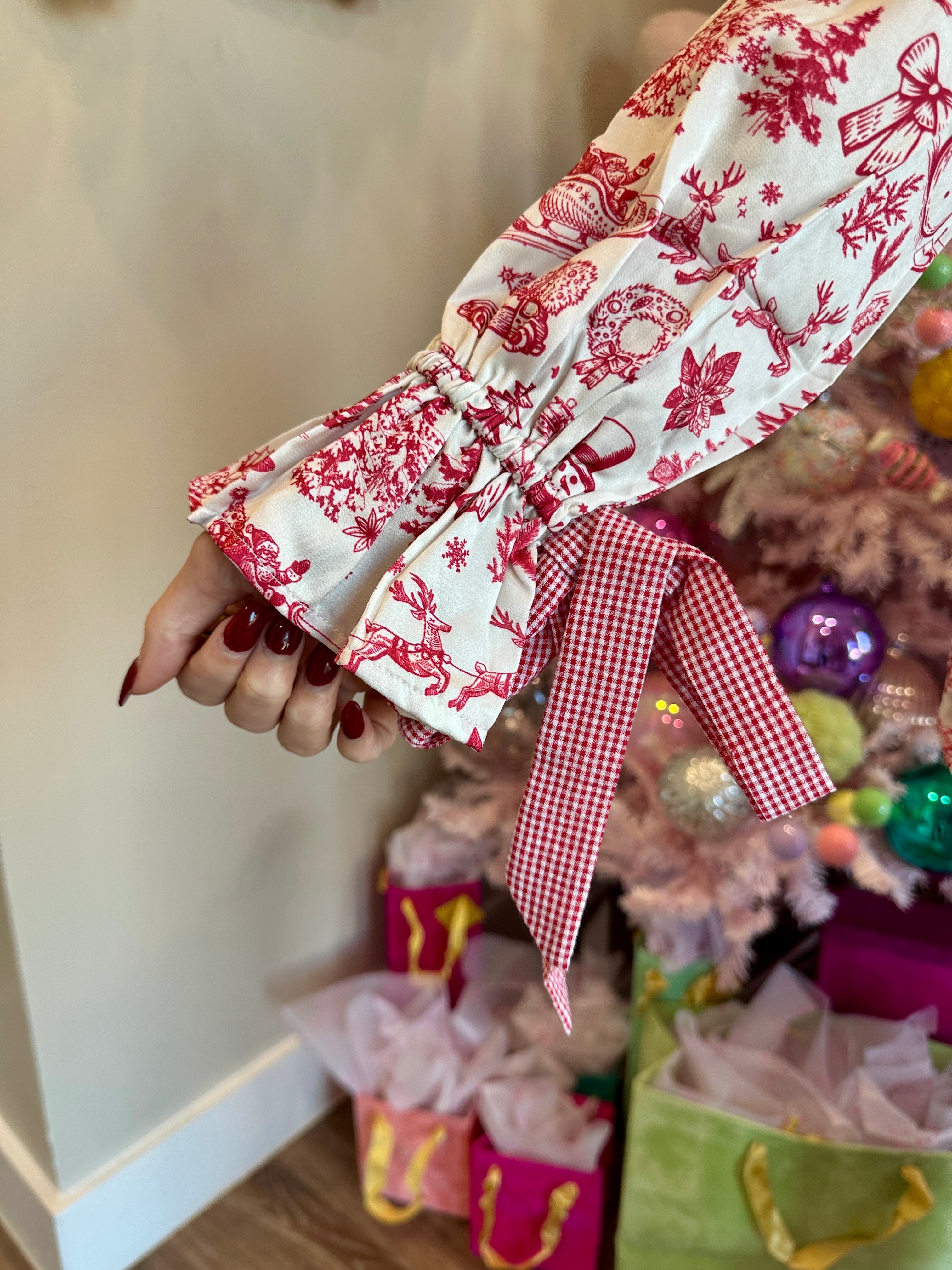 Christmas Printed Satin Gingham Tie Detail PJ Set In Red