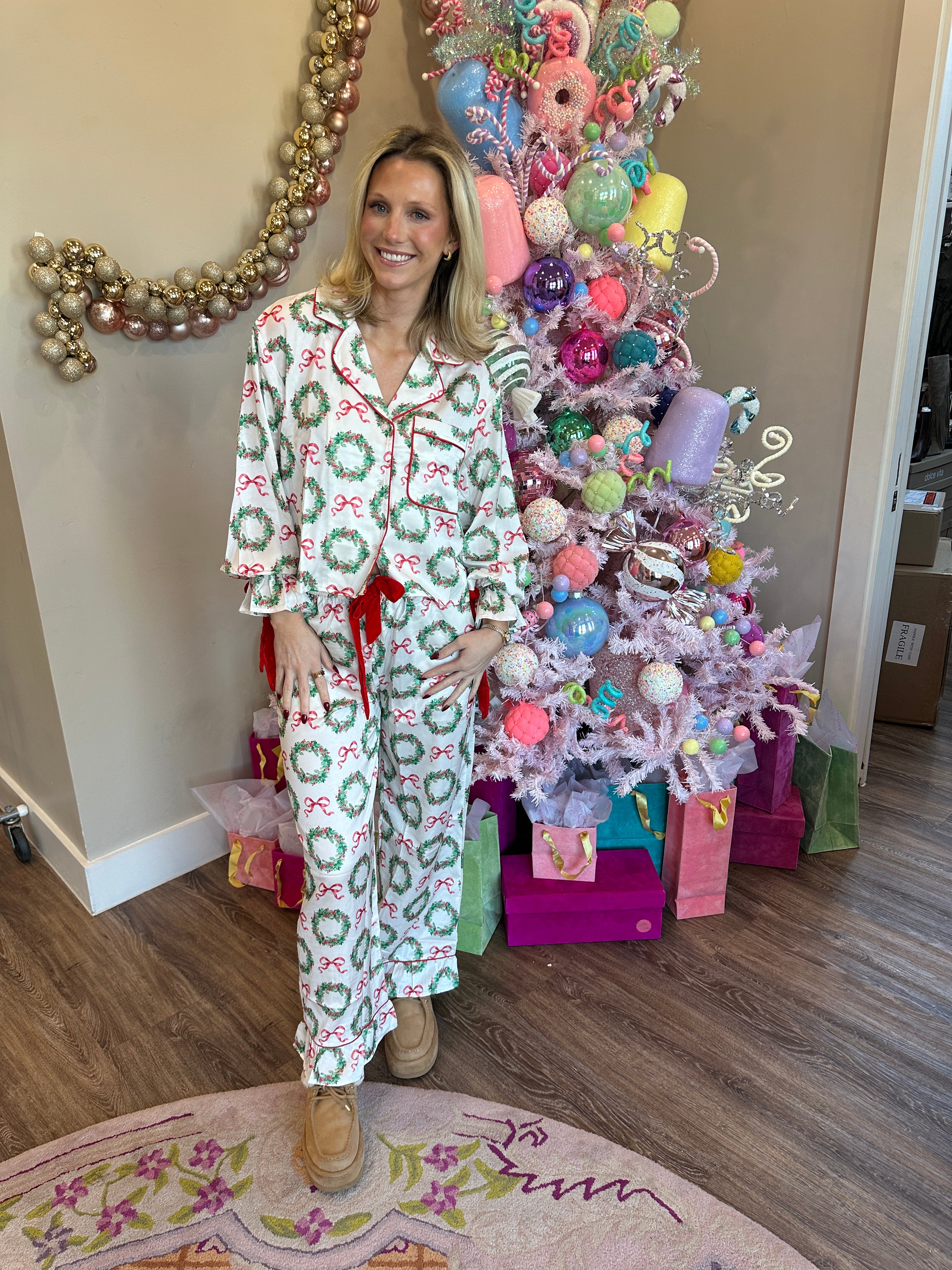 Christmas Printed Satin Tie Detail PJ Set
