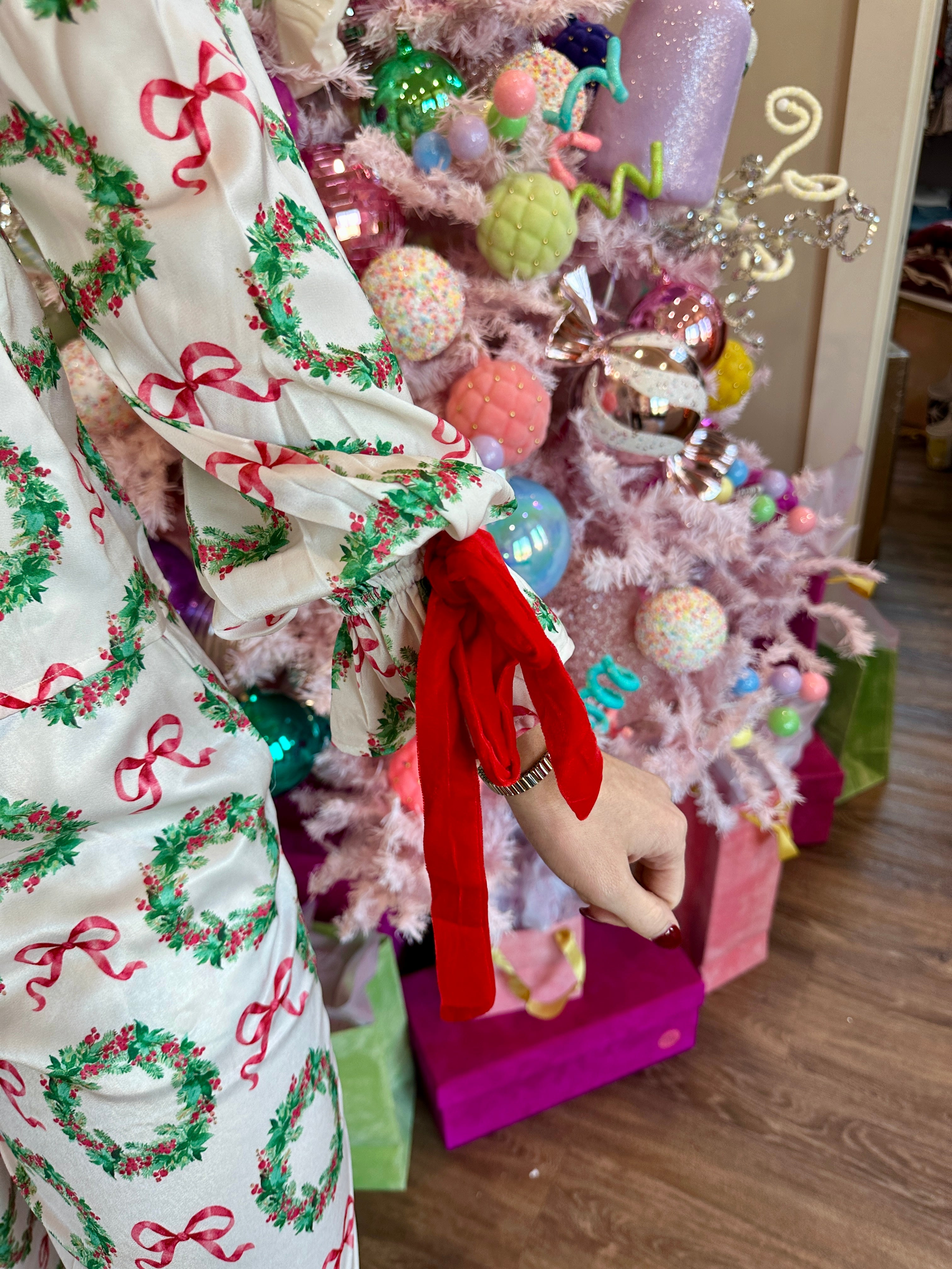 Christmas Printed Satin Tie Detail PJ Set