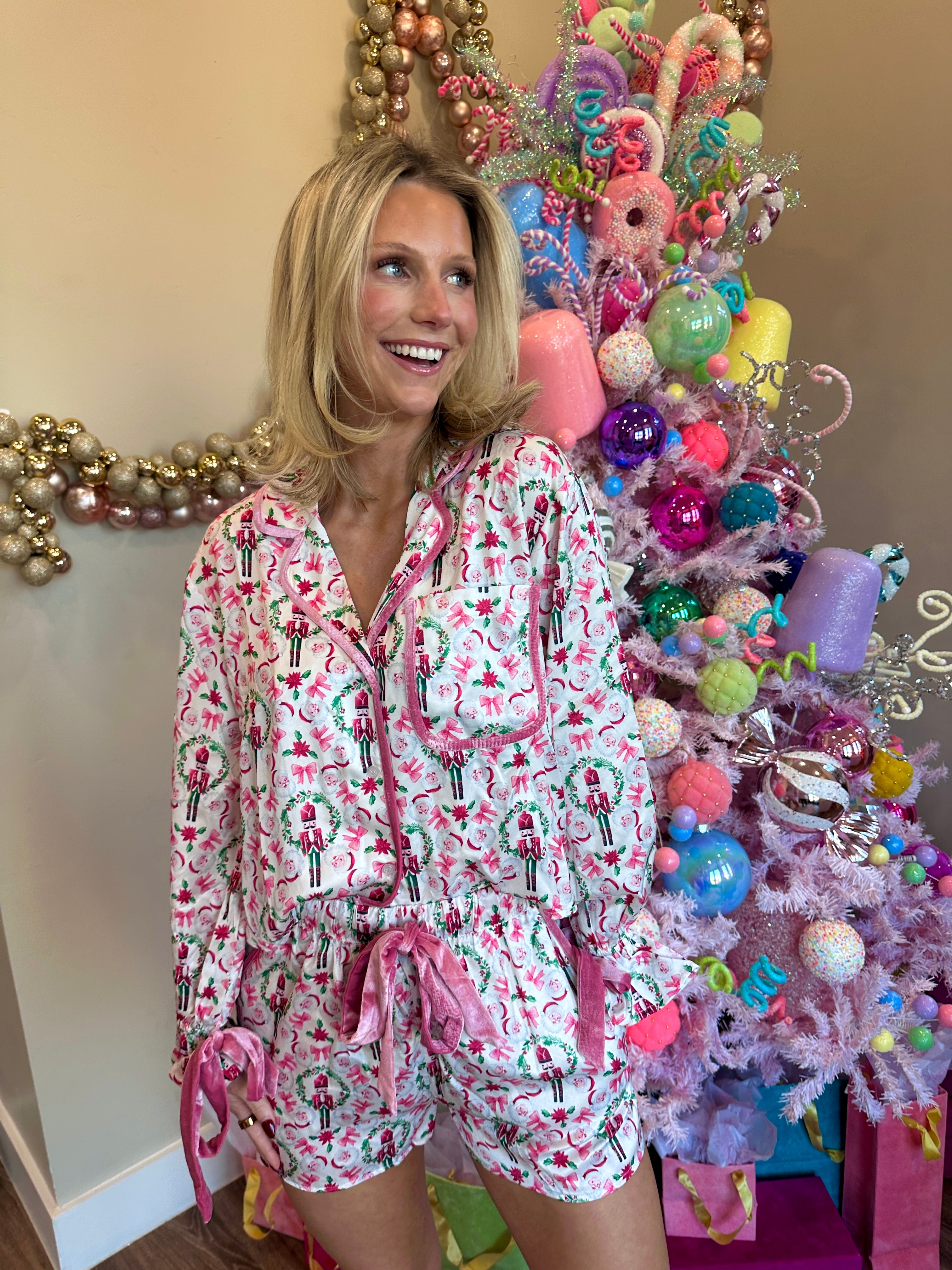 Toy Soldier & Bow Christmas Printed Satin Velvet Tie Pajama Set