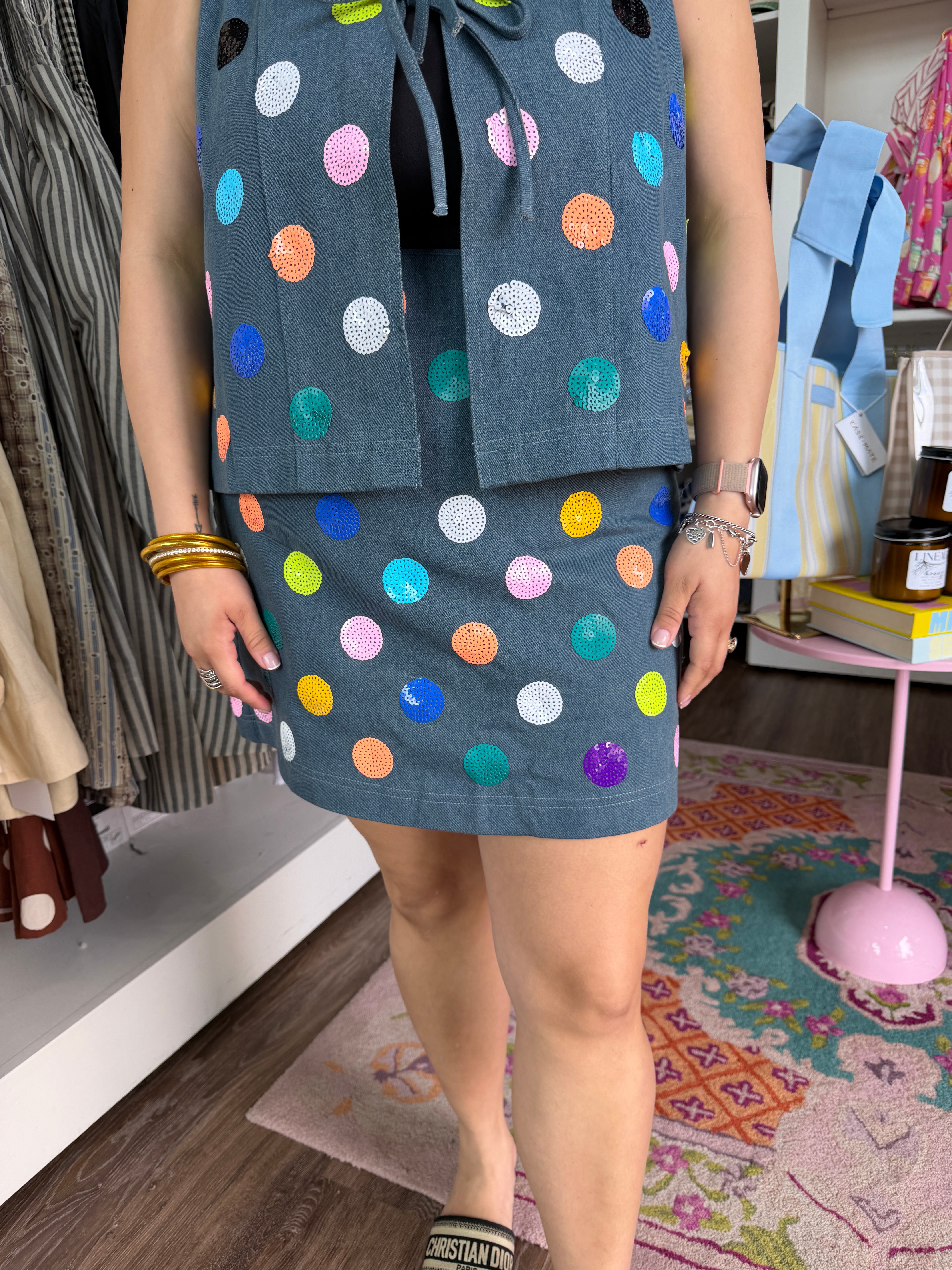 Denim Multi Polka Dot Skirt-QOS