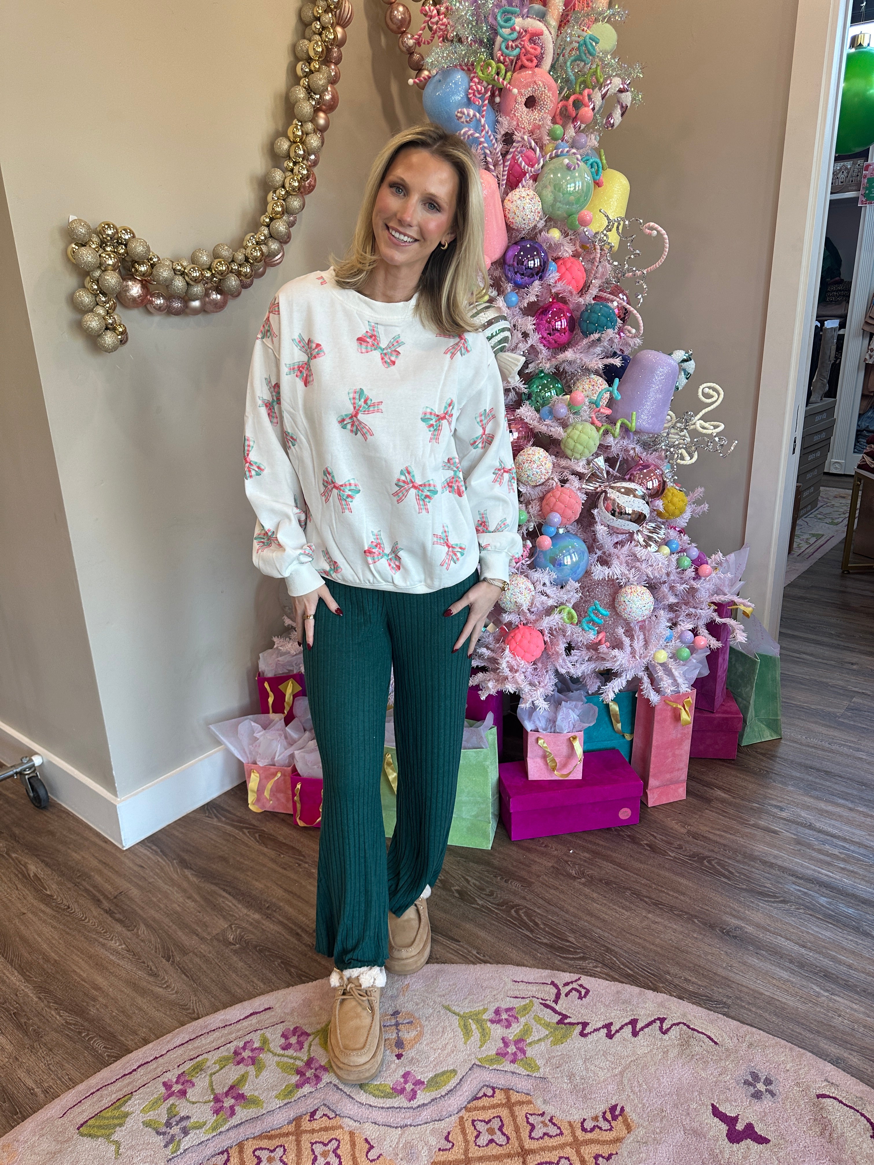 Christmas Plaid Bow Printed Fleece Terry Sweatshirt