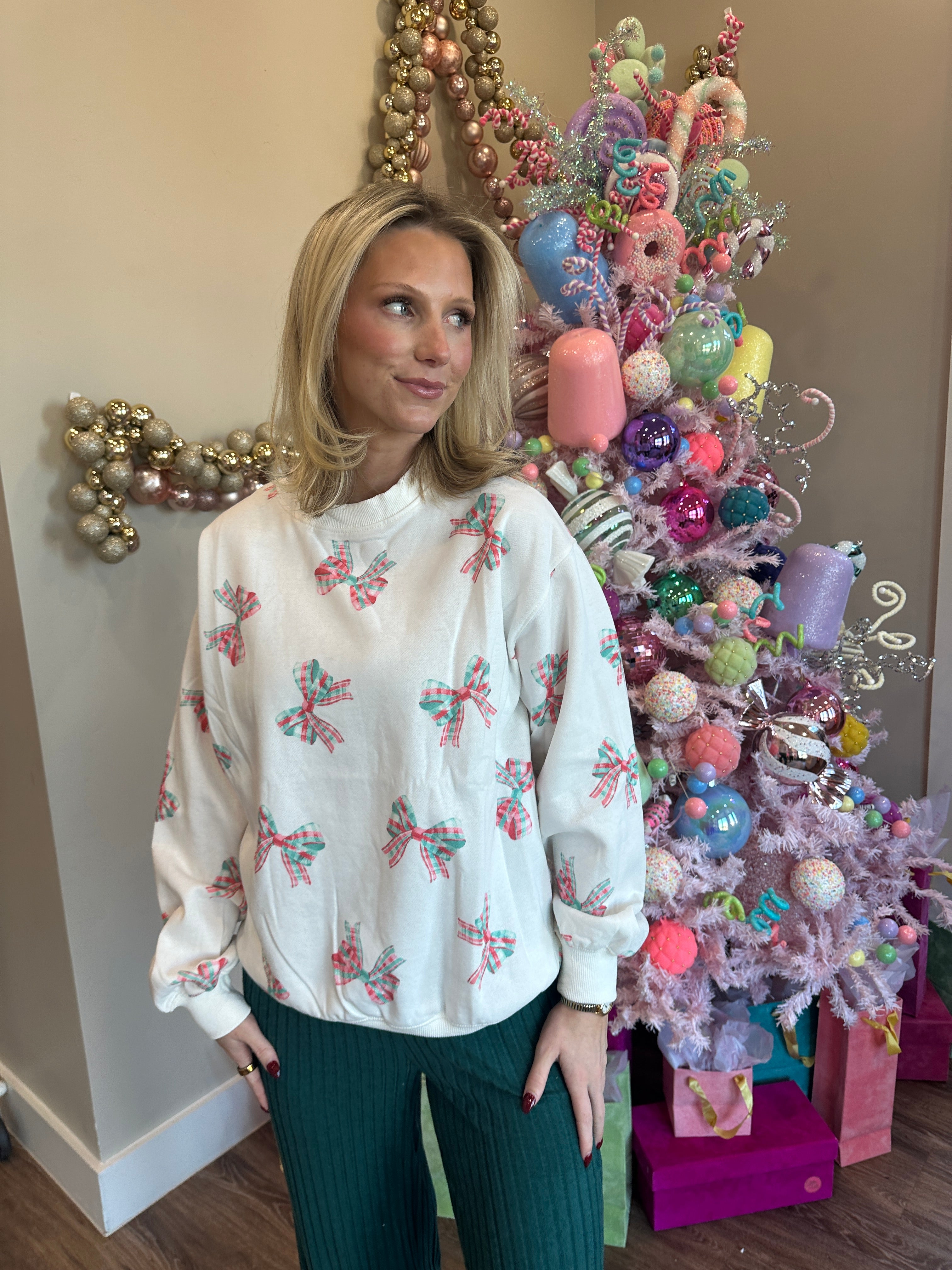 Christmas Plaid Bow Printed Fleece Terry Sweatshirt