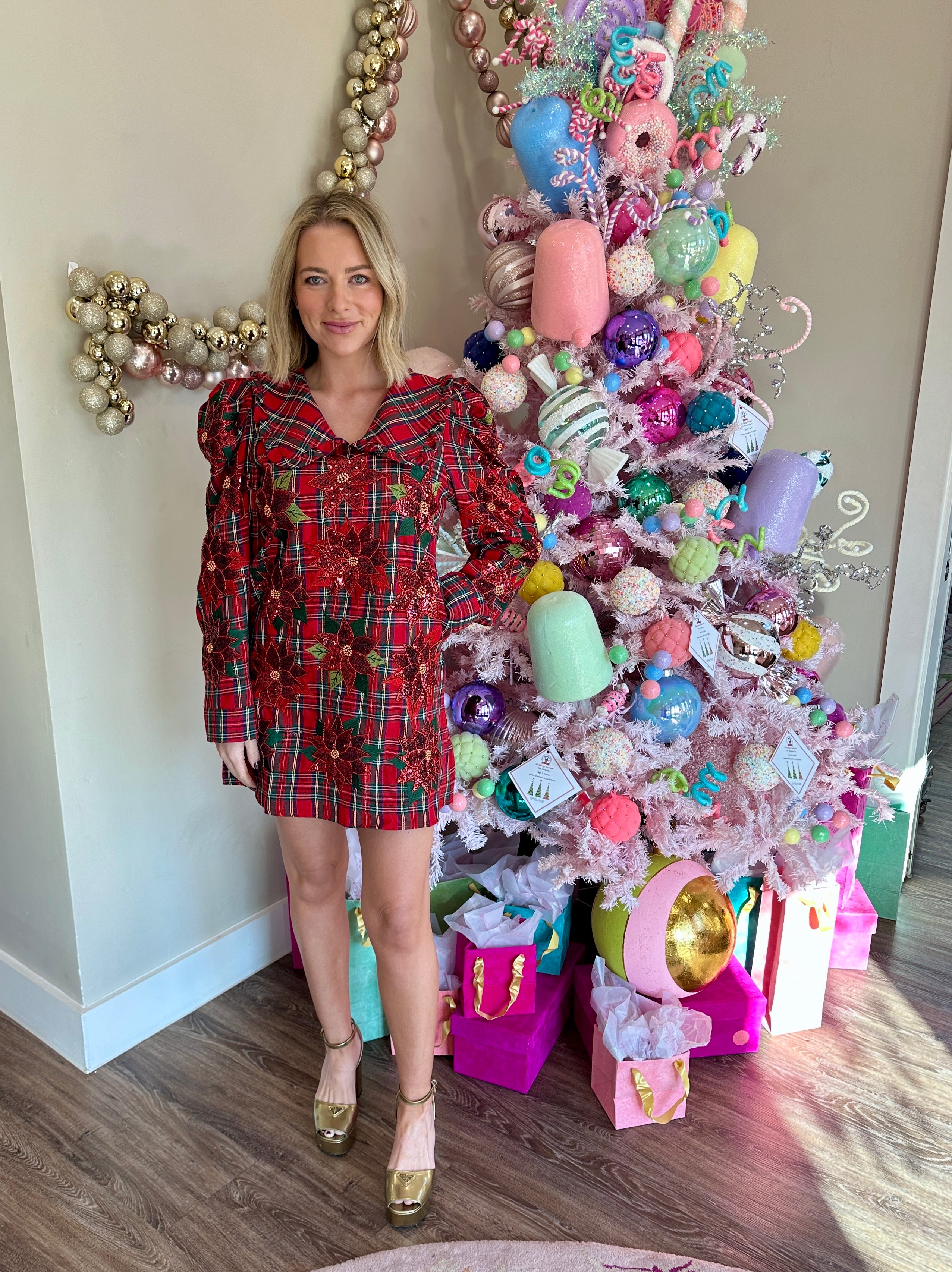 Red Plaid Poinsettia Oversized Collar Poof Sleeve Dress - Queen Of Sparkles