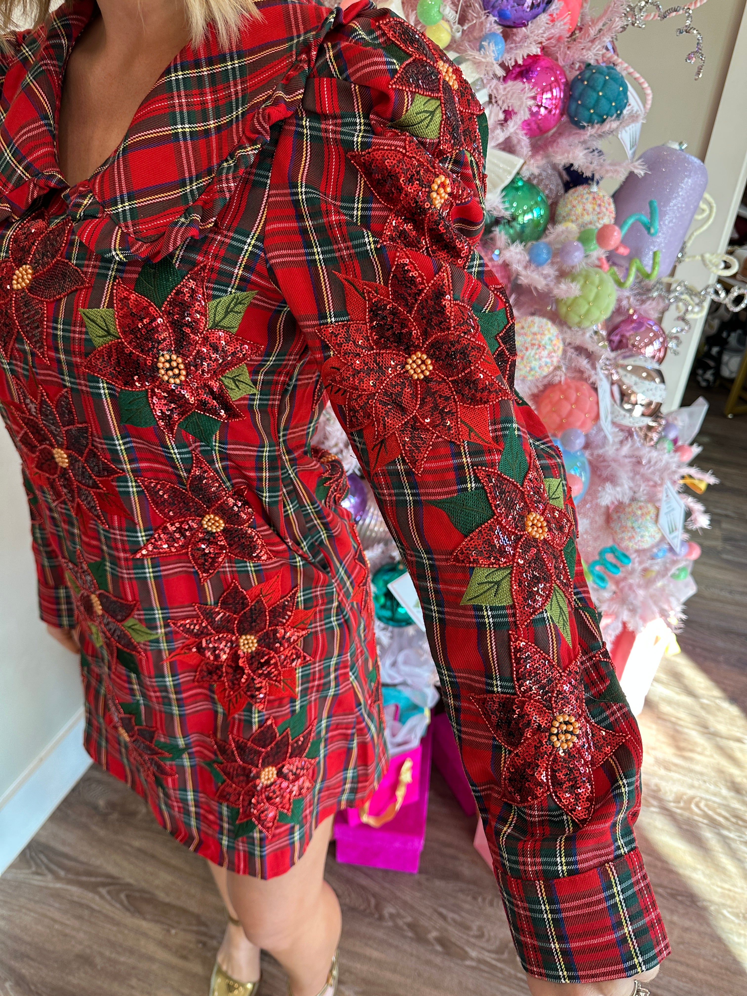 Red Plaid Poinsettia Oversized Collar Poof Sleeve Dress - Queen Of Sparkles