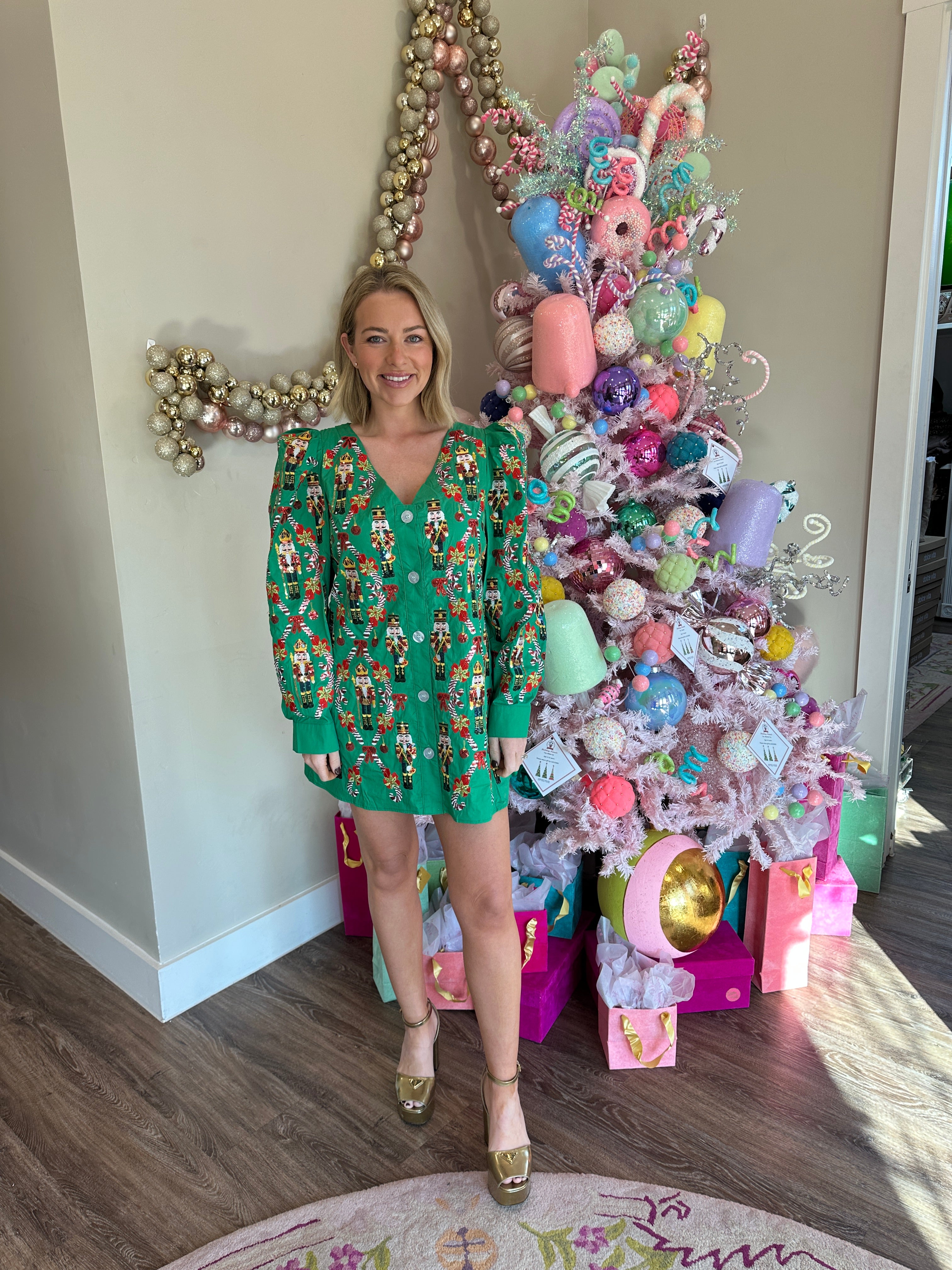 Green Nutcracker & Candy Cane Cotton Poof Sleeve Button Up Dress- Queen Of Sparkles Medium Green Nutcracker & Candy Cane Cotton Poof Sleeve Button Up Dress- Queen Of Sparkles Medium