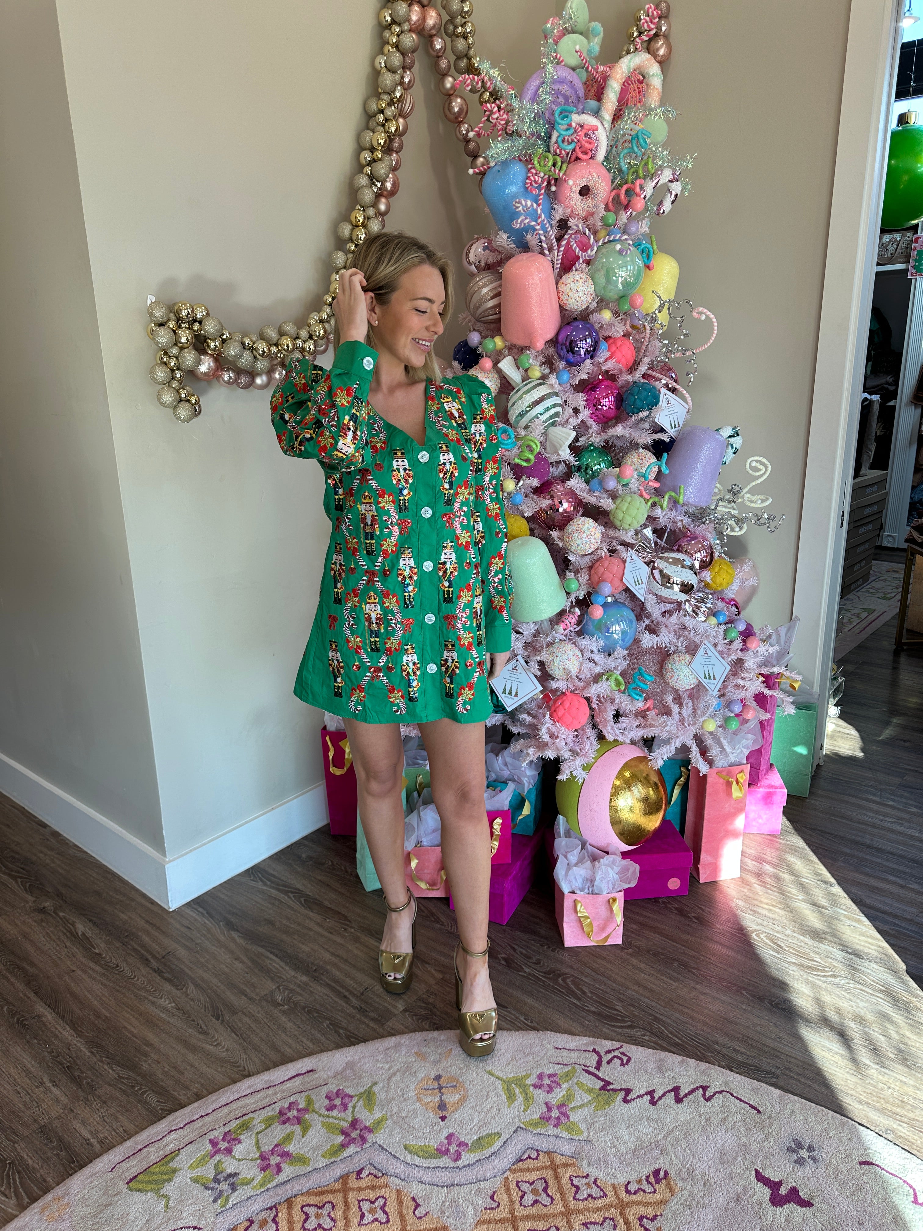 Green Nutcracker & Candy Cane Cotton Poof Sleeve Button Up Dress- Queen Of Sparkles