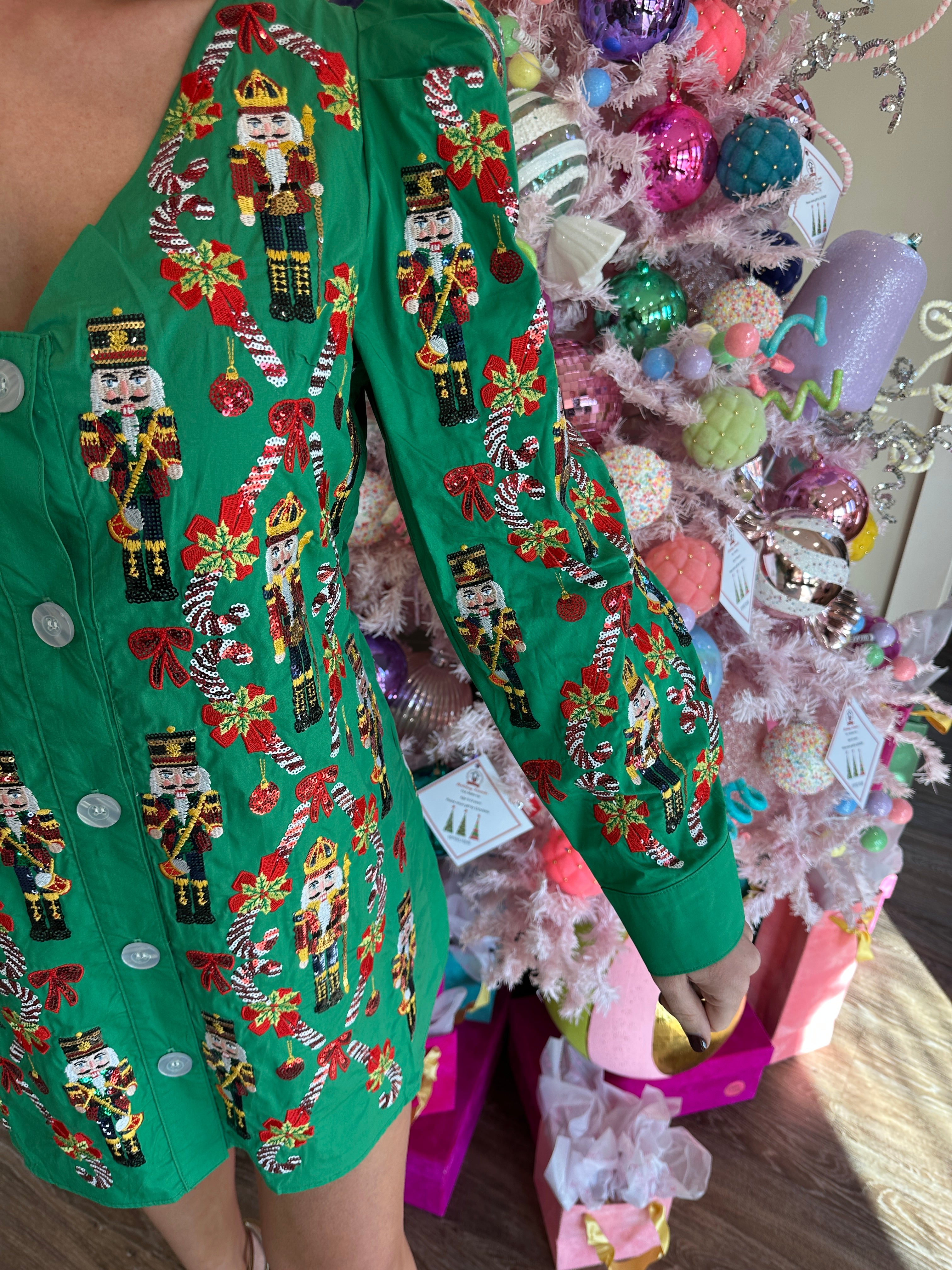 Green Nutcracker & Candy Cane Cotton Poof Sleeve Button Up Dress- Queen Of Sparkles