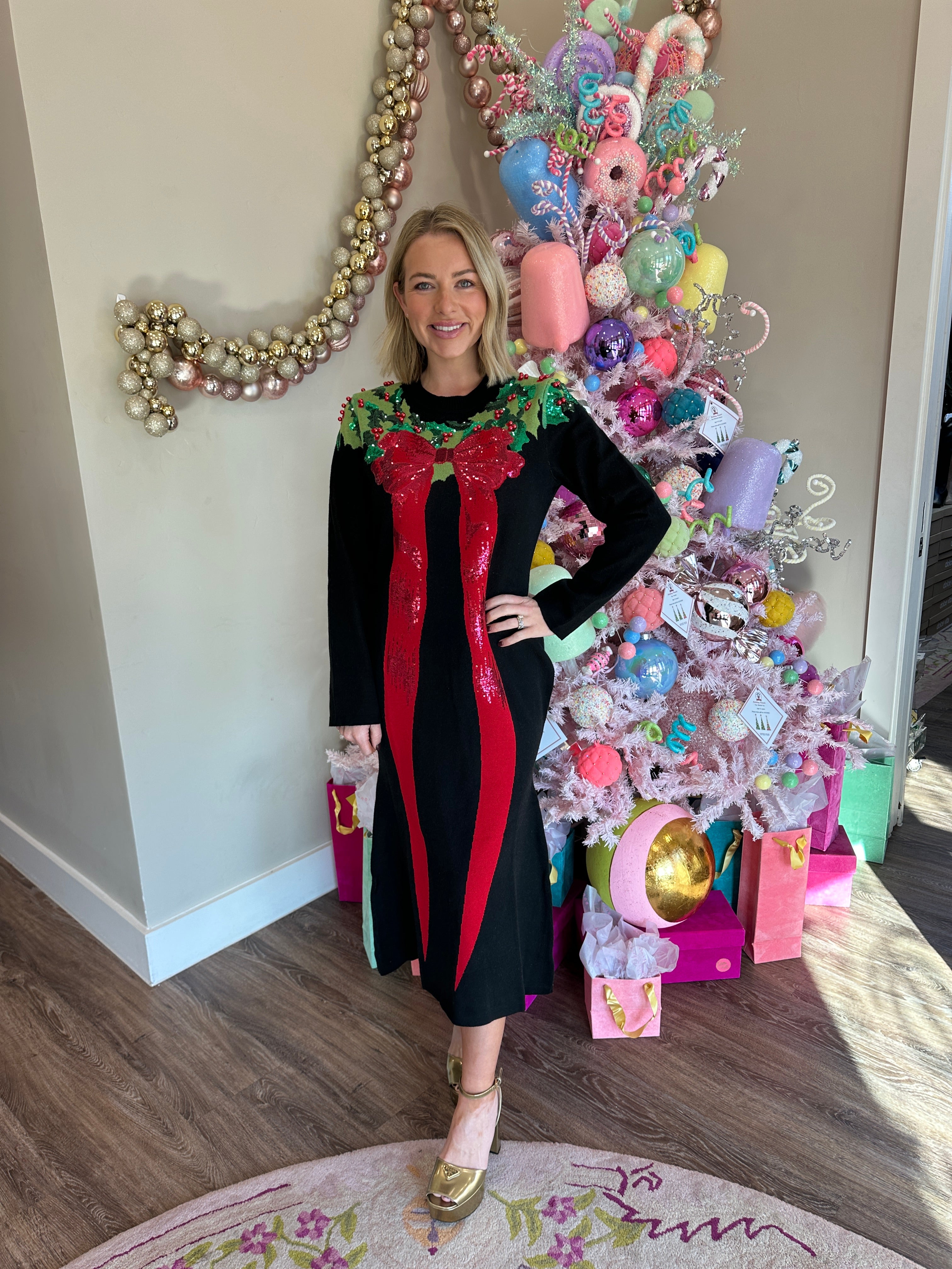 Black, Green & Red Sequin Wreath With Bow Knit Midi Dress - Queen Of Sparkles