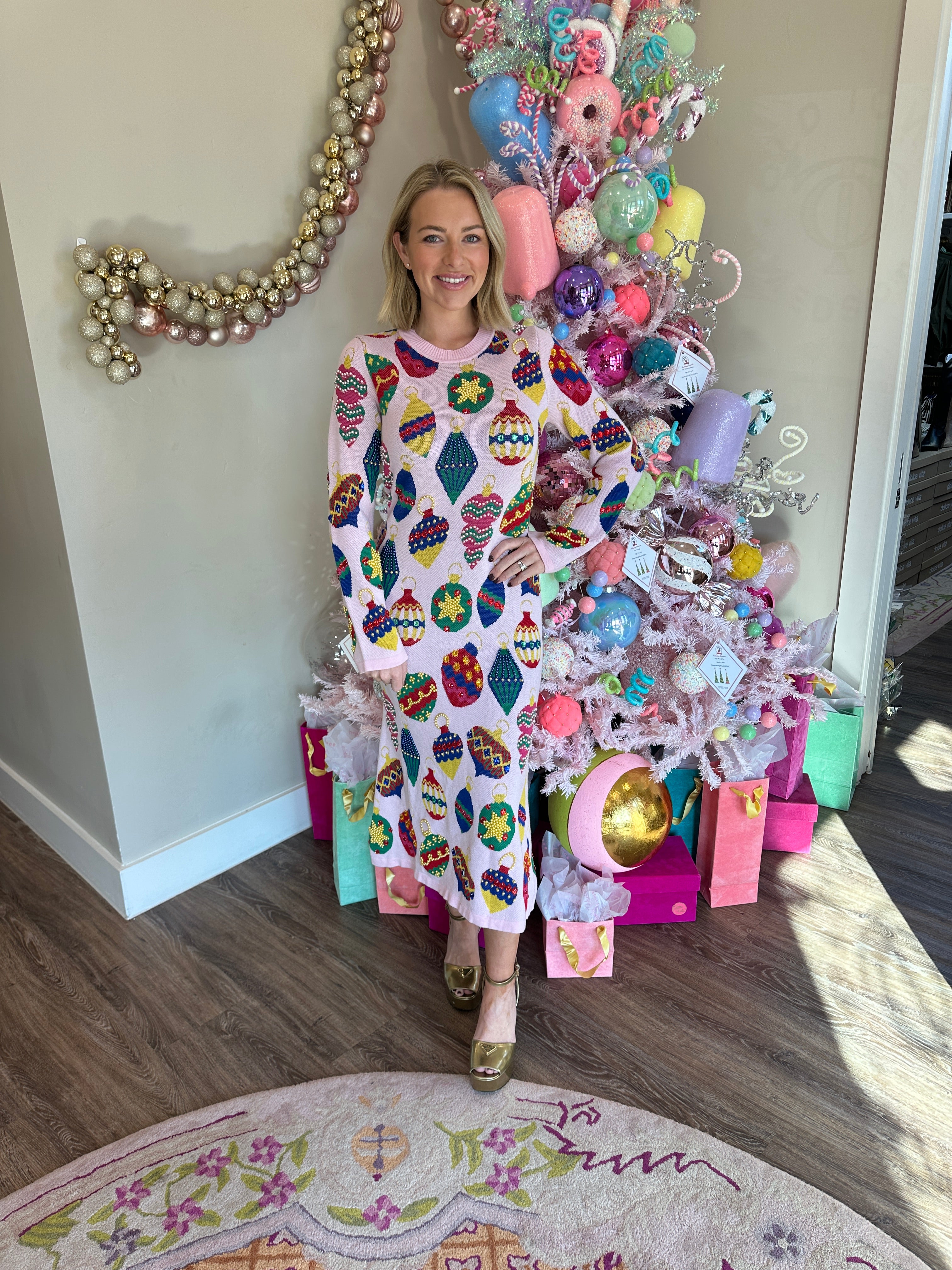 Light Pink Multi Jeweled Ornament Knit Midi Dress- Queen Of Sparkles