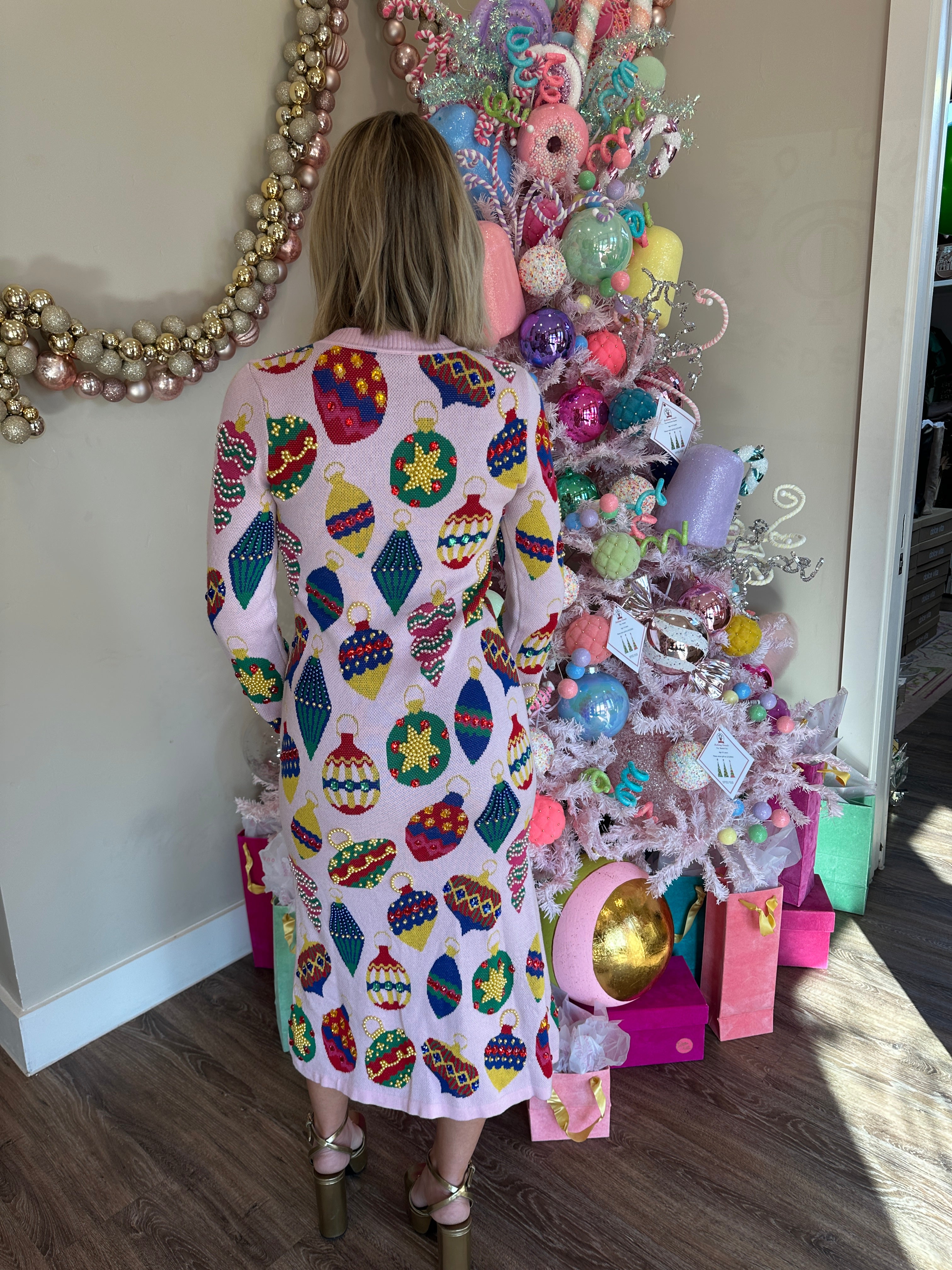 Light Pink Multi Jeweled Ornament Knit Midi Dress- Queen Of Sparkles