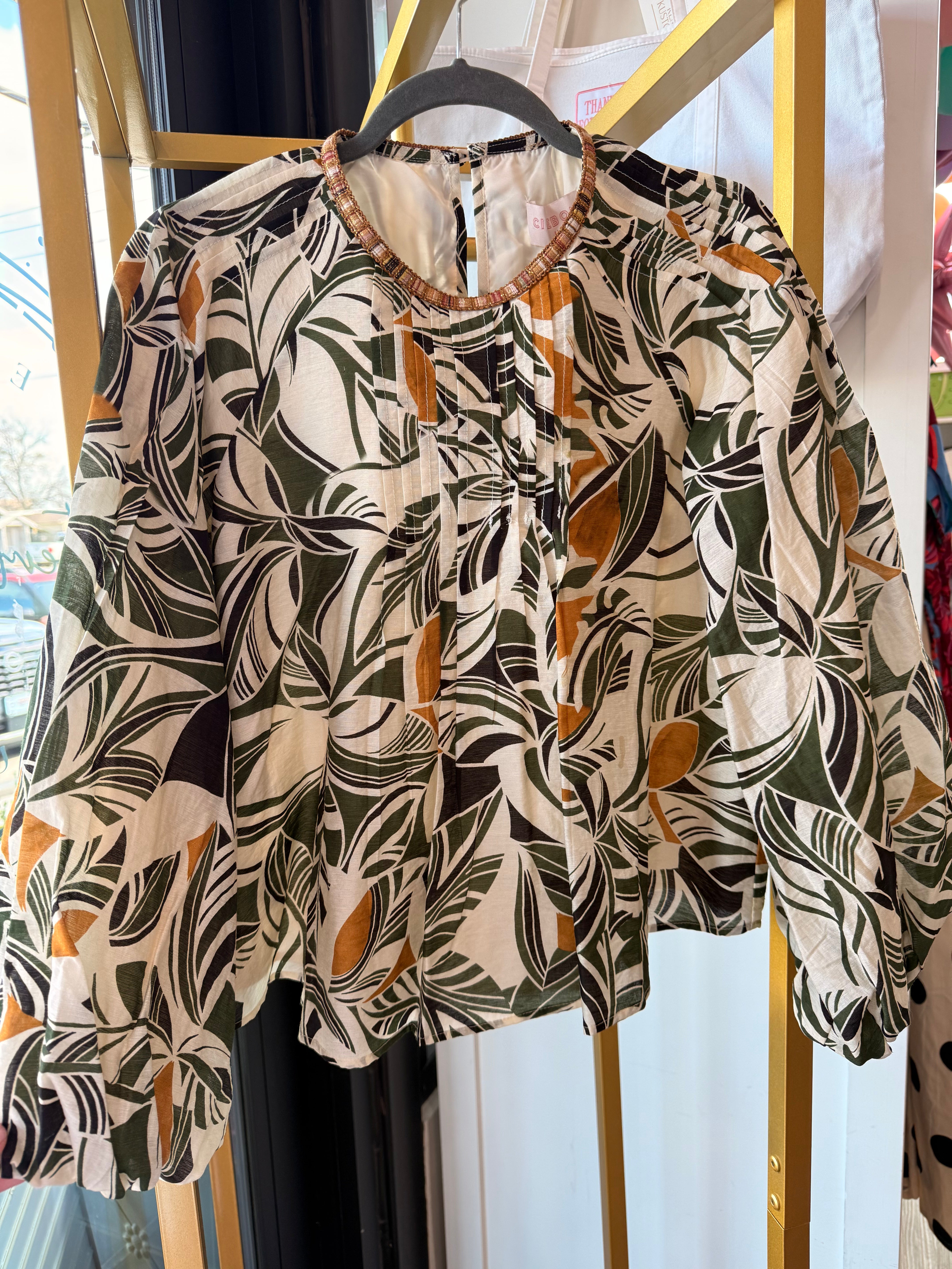 Leaf Print Pintuck Top