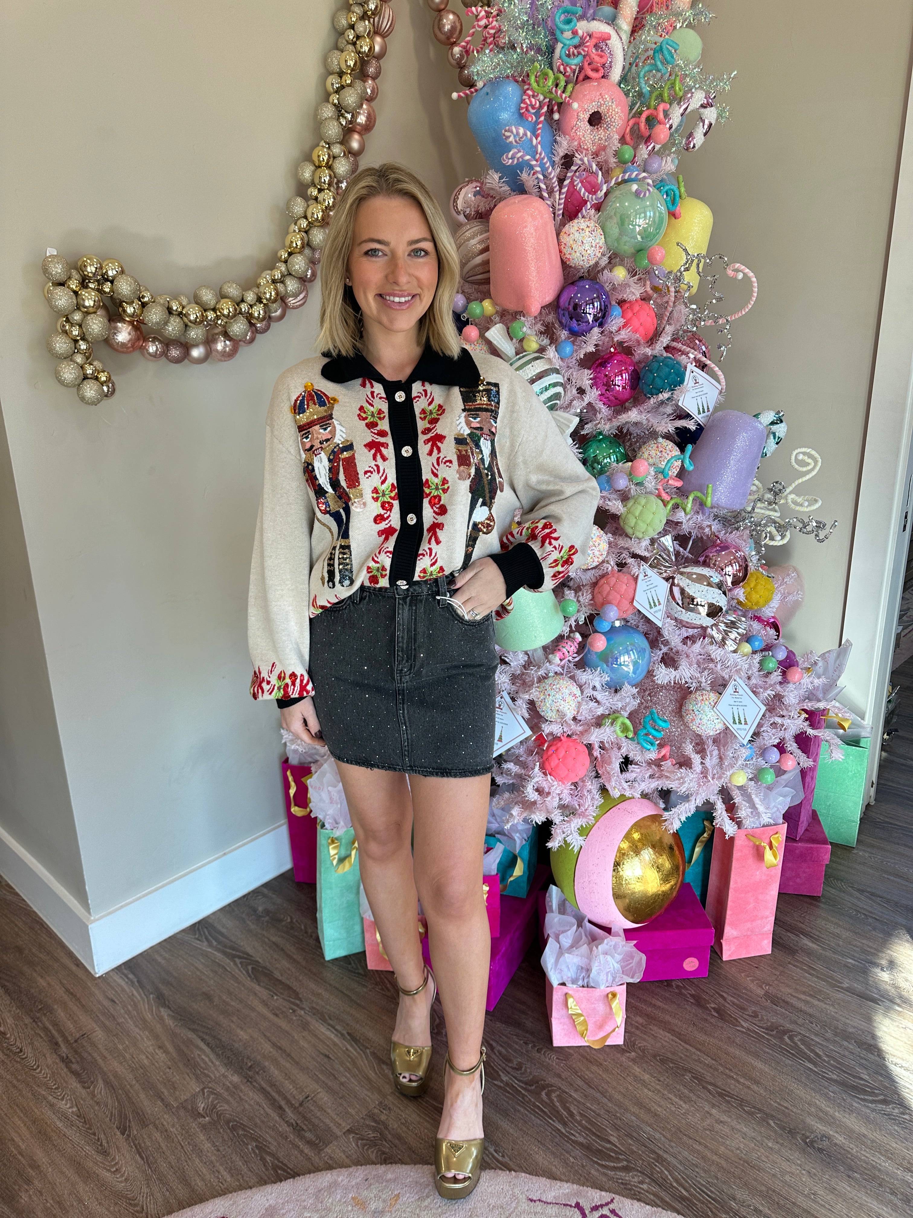 Black Trim Collar Nutcracker & Candy Cane Button Up Cardigan- Queen Of Sparkles