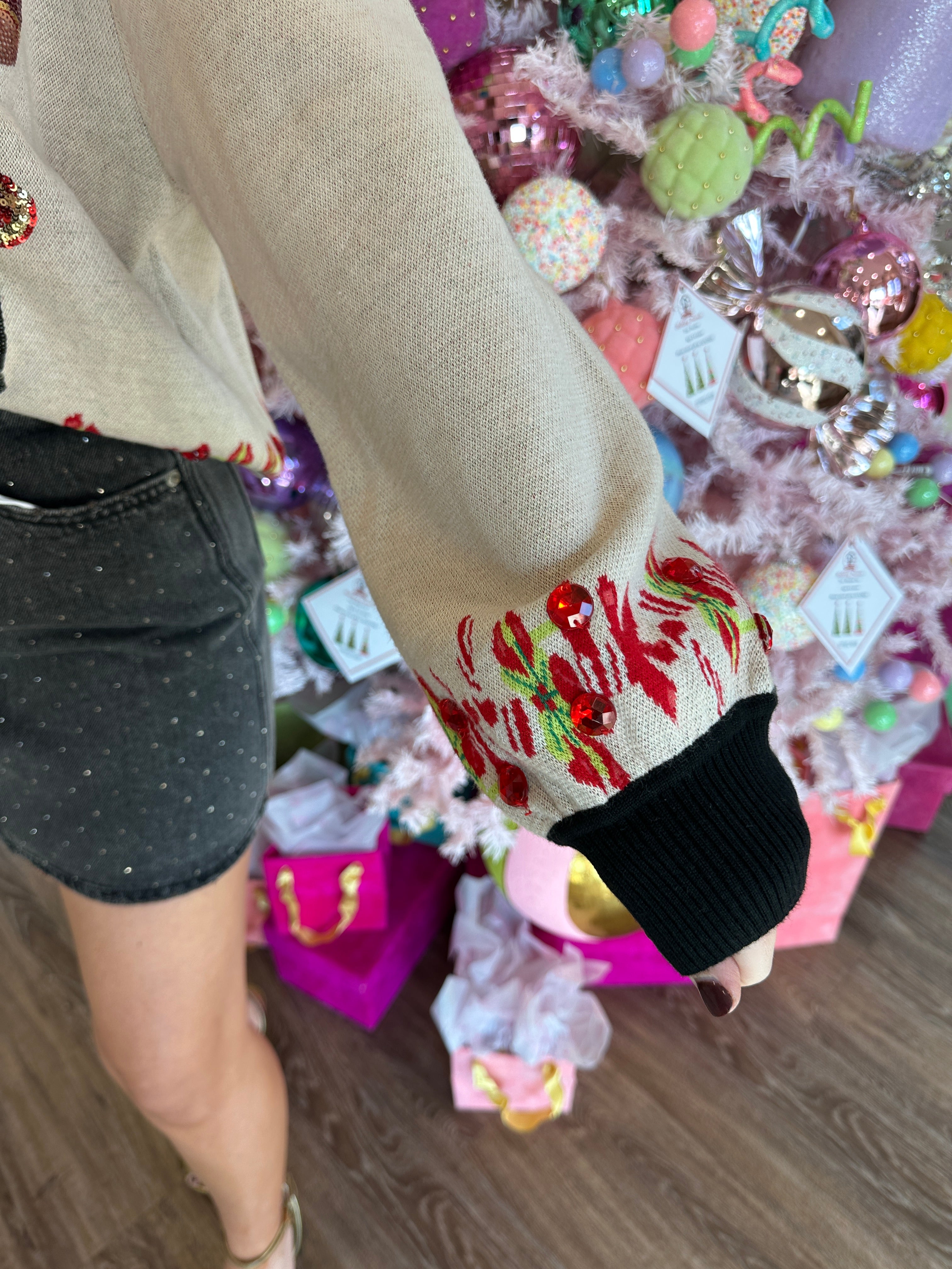 Black Trim Collar Nutcracker & Candy Cane Button Up Cardigan- Queen Of Sparkles