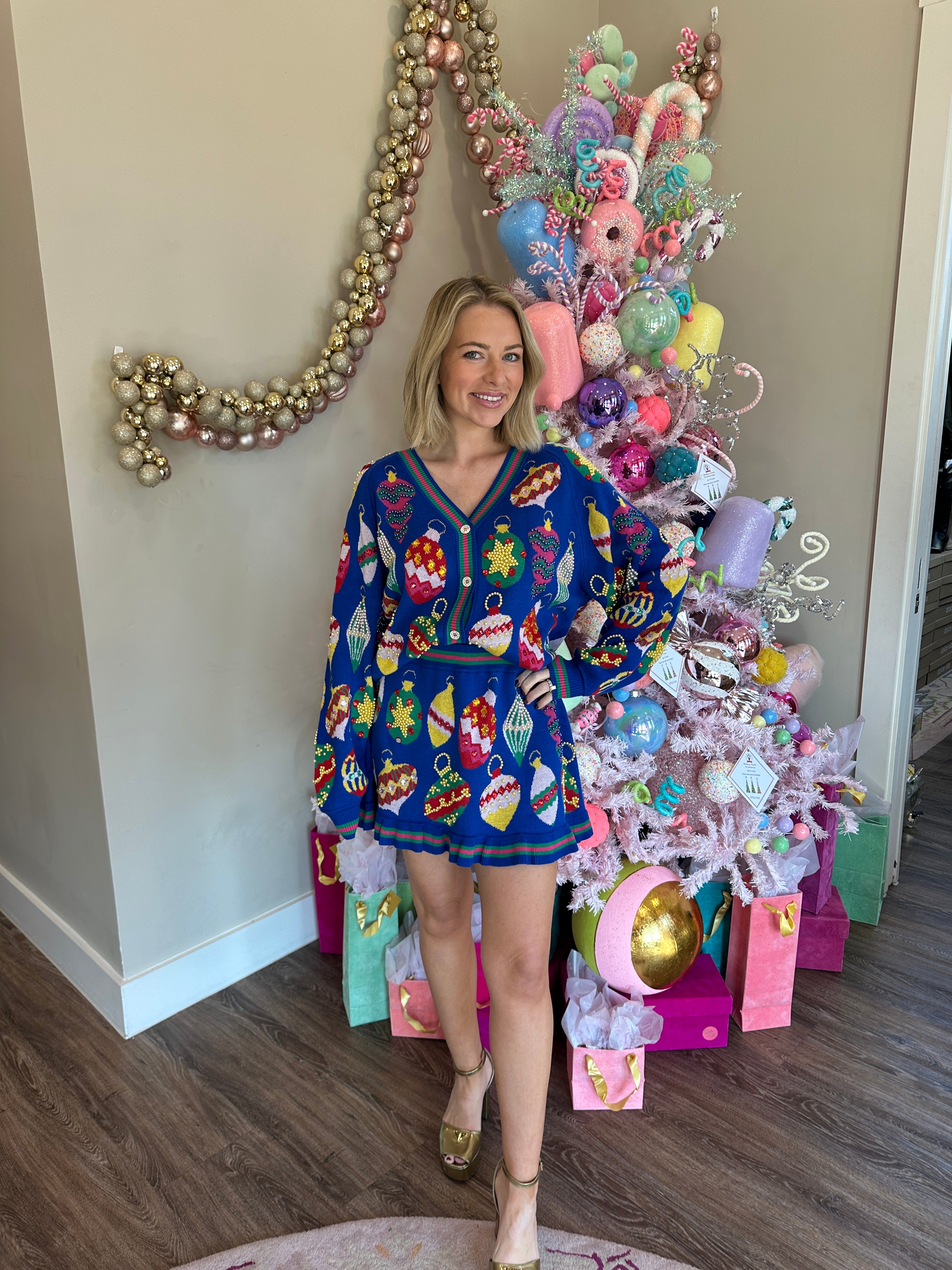 Royal Blue Multi Jeweled Ornament Button Up Cardigan- Queen Of Sparkles