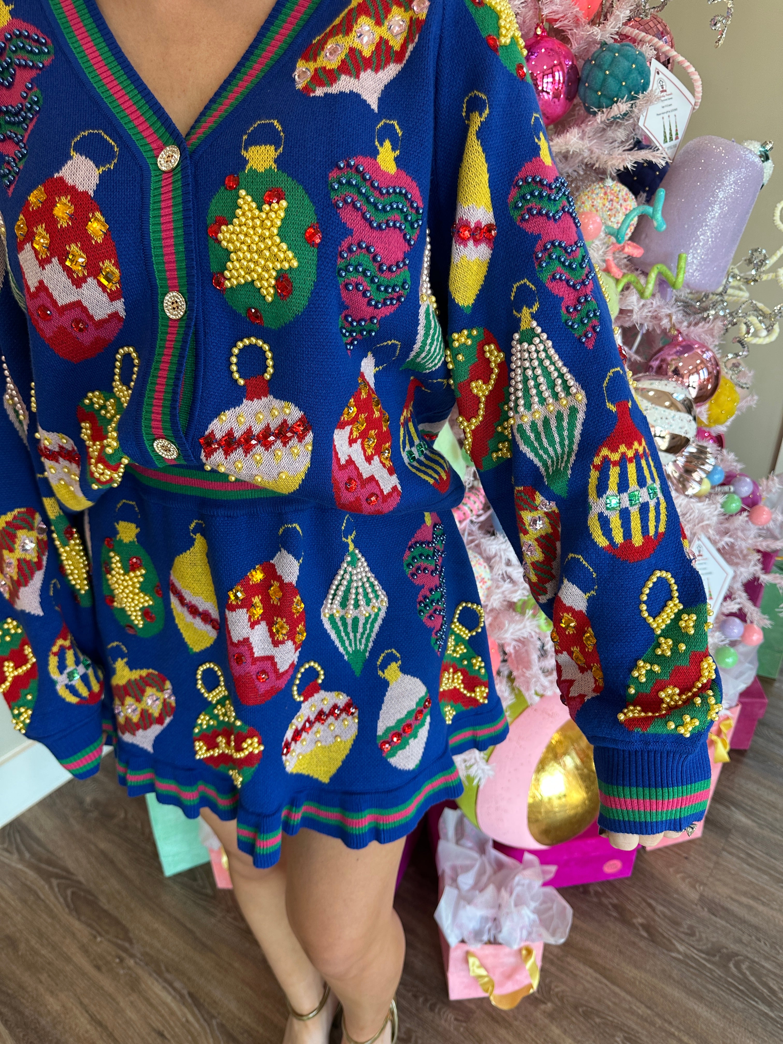 Royal Blue Multi Jeweled Ornament Button Up Cardigan- Queen Of Sparkles