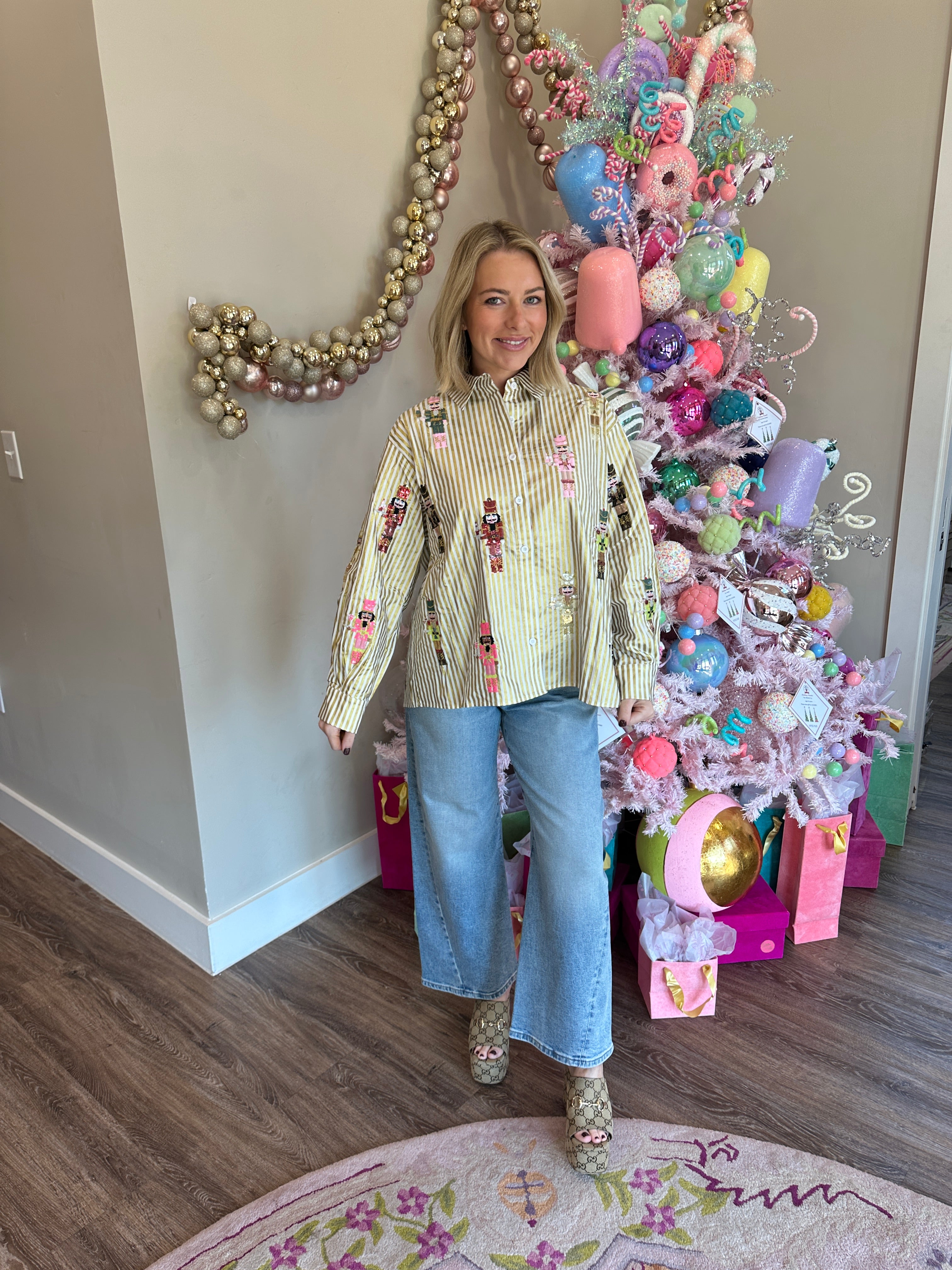 Gold Metallic Stripe Cocktail Serving Nutcracker Button Up Top - Queen Of Sparkles