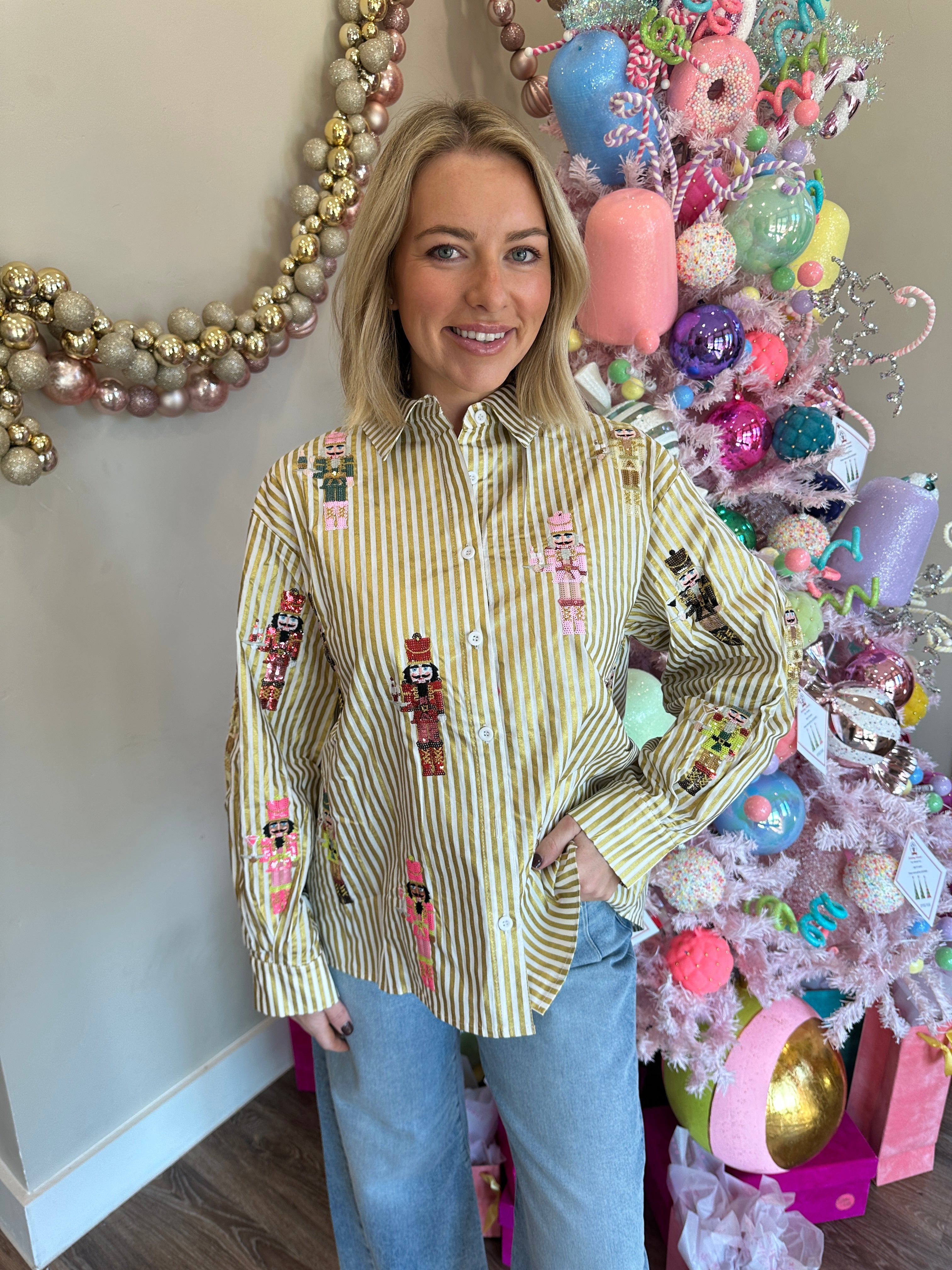 Gold Metallic Stripe Cocktail Serving Nutcracker Button Up Top - Queen Of Sparkles