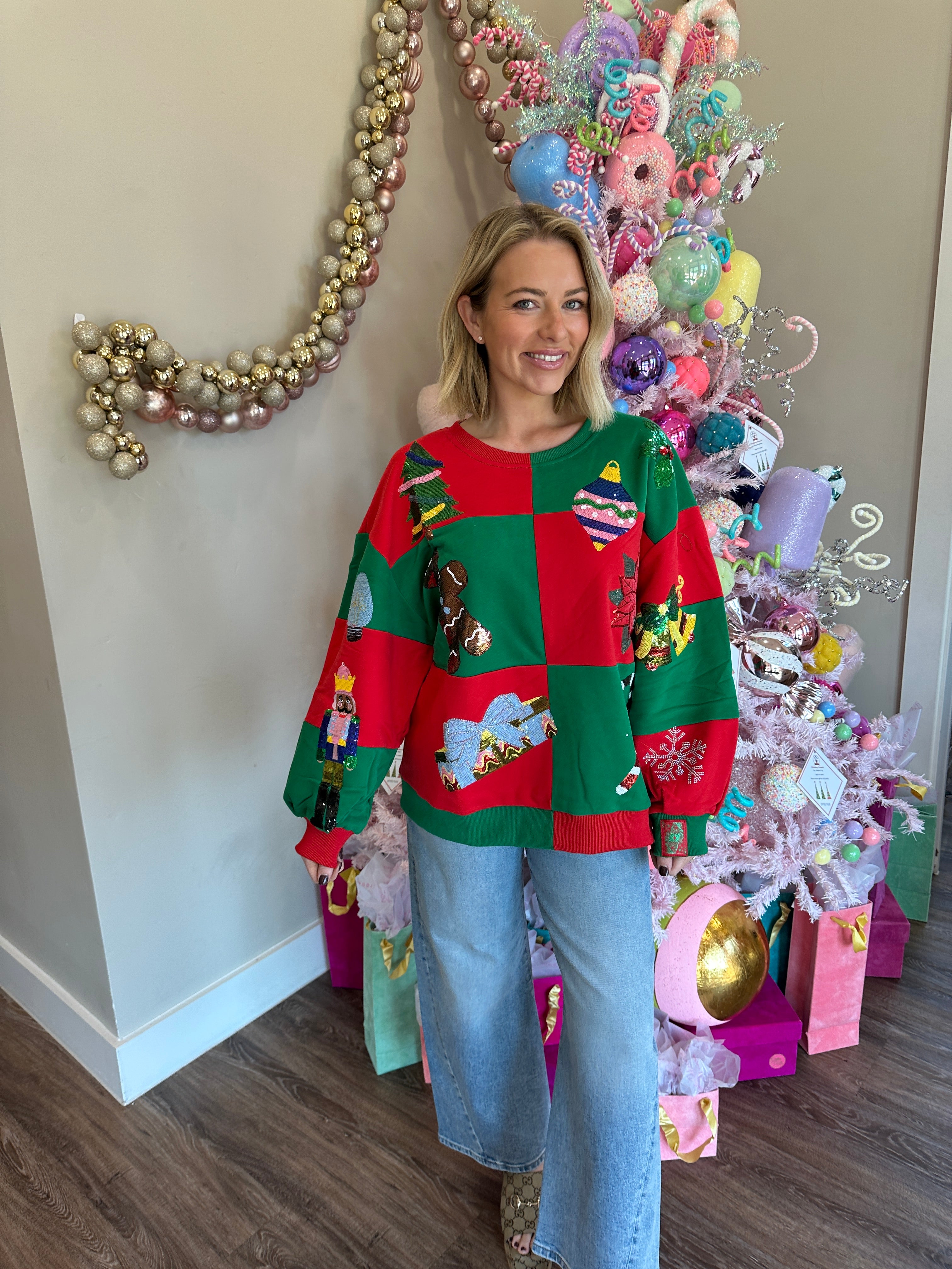 Green & Red Checkered Christmas Icon Sweatshirt- Queen Of Sparkles